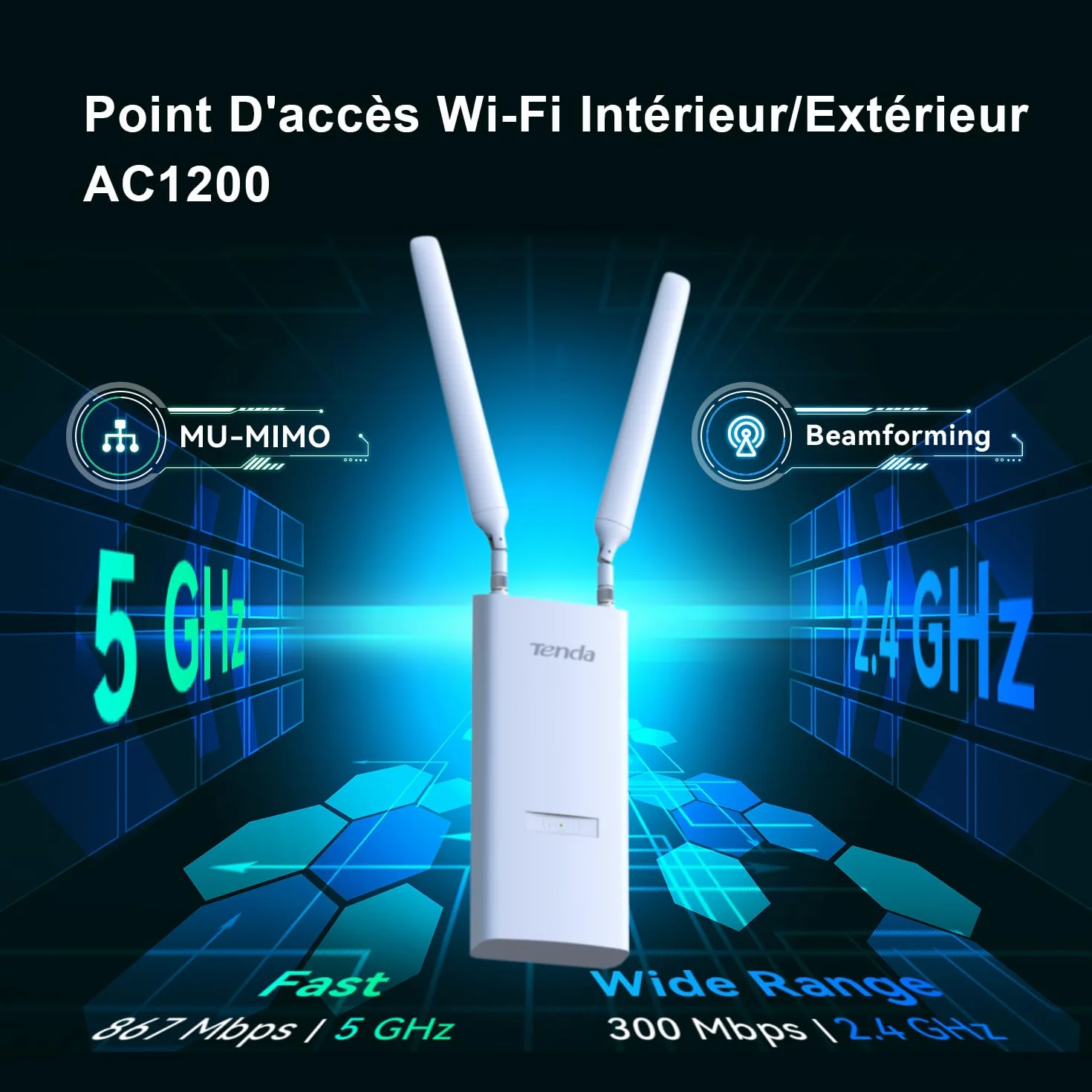 Tenda OAP1200 AC1200 Outdoor Gigabit Wireless Access Point, Dual Band, PoE+, IP65, MU-MIMO