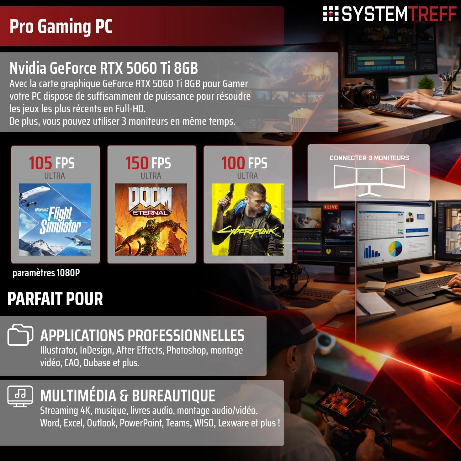 SYSTEMTREFF PC Gamer Intel Core i5-14400F RTX 5060 Ti 8Go 1To M.2 NVMe 32Go DDR4 RAM Windows 11 Ordinateur de Bureau