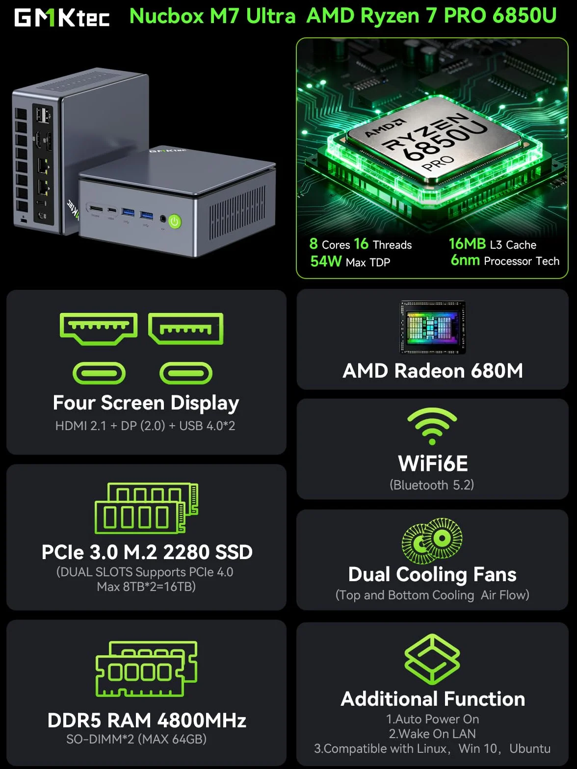 GMKtec M7 Ultra Ryzen 7 Pro 6850U Mini PC Gaming 32GB DDR5 1TB SSD PCIe Oculink Double LAN 2.5G USB4 HDMI 2.1
