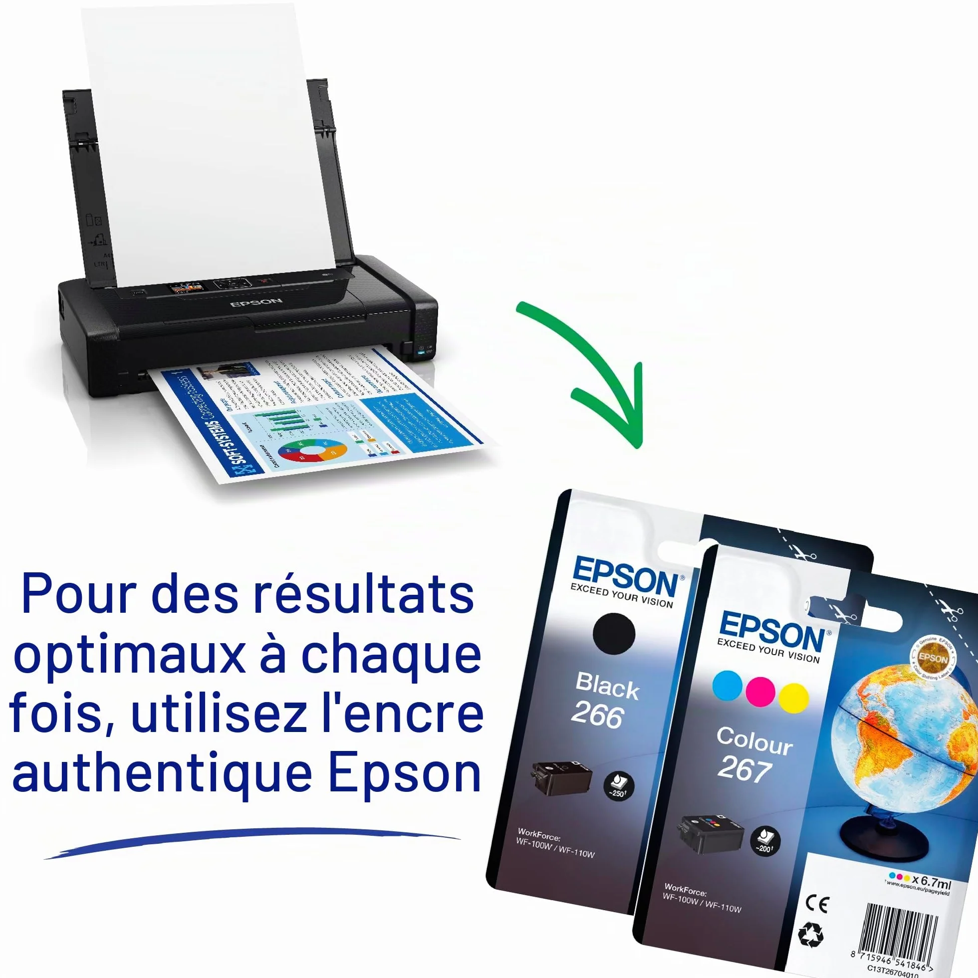 Epson WorkForce WF-110 Imprimante portable jet d'encre couleur A4 Wifi Direct batterie rechargeable USB
