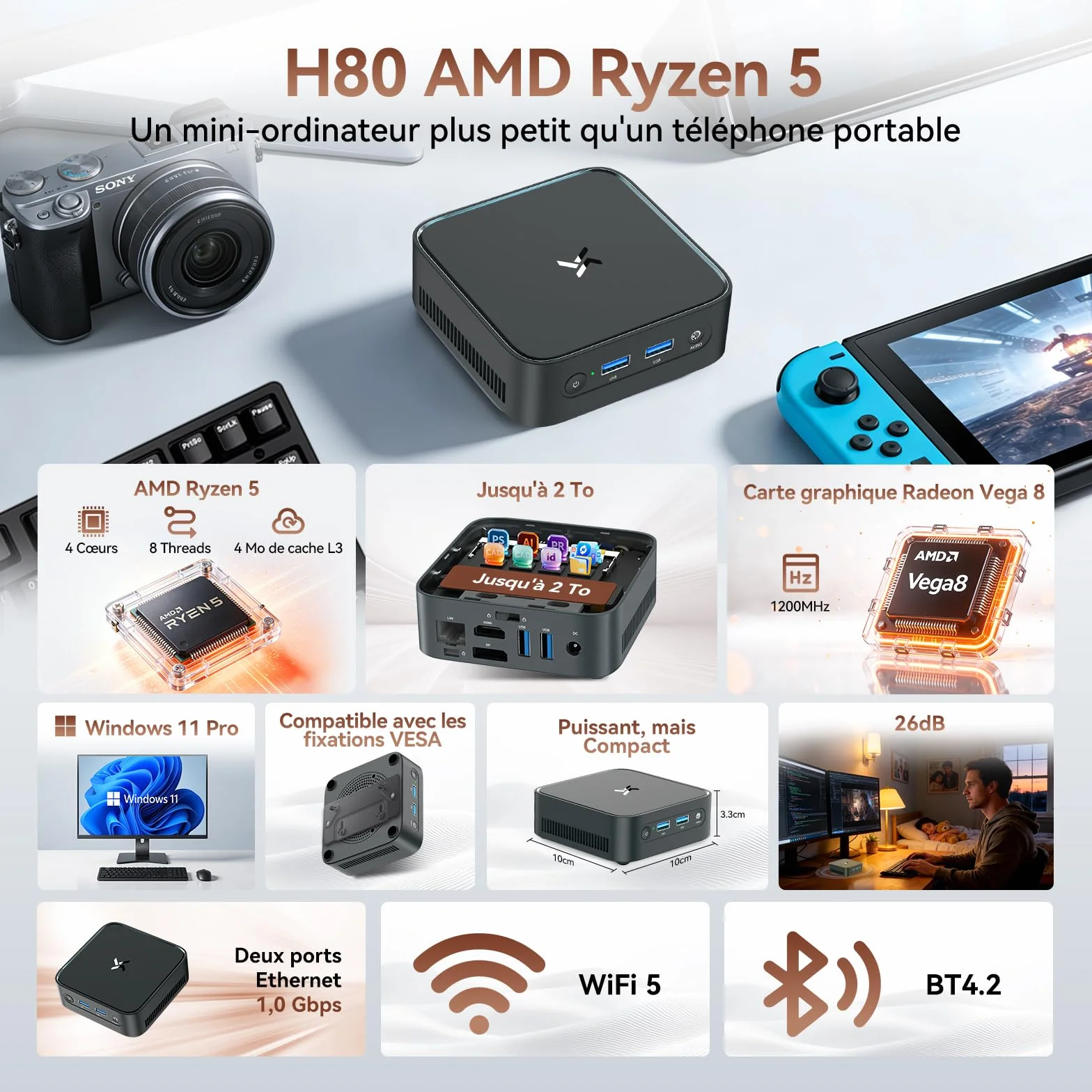 Huidun H80 Mini PC AMD Ryzen 5 16Go RAM 512Go SSD 4K@60Hz UHD Win-11 Pro Ordinateur de Bureau WiFi BT USB 3.2