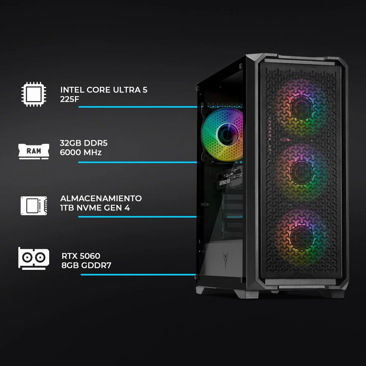 YEYIAN PC Gaming Intel Core Ultra 5 225F 4,9 GHz Nvidia GeForce RTX 5060 8 Go GDDR7 32 Go DDR5 1 To SSD WiFi 6 Win 11 Pro