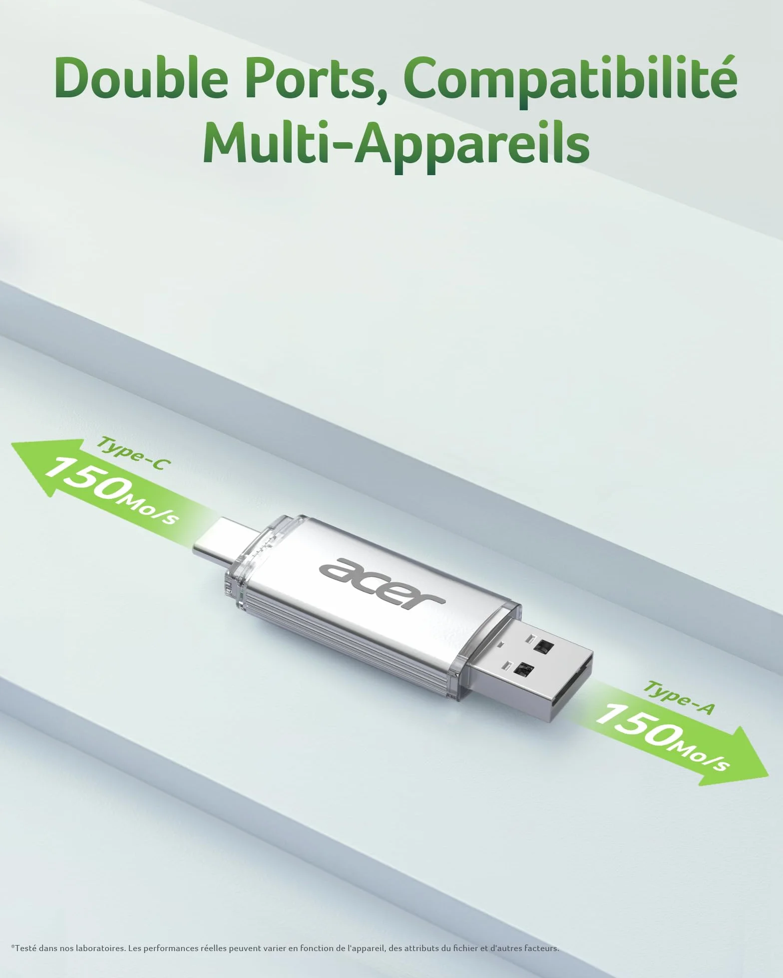 Acer Clé USB UT300 256 Go USB 3.2 Gen1 150 Mo/s Double Port Type-A & Type-C
