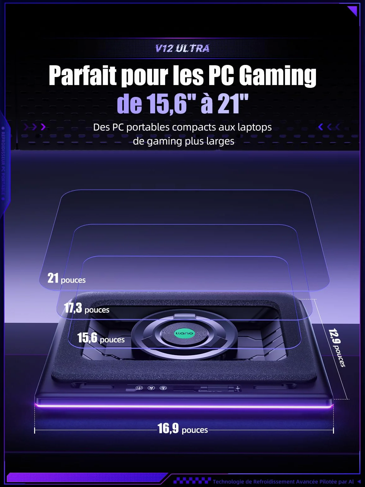 llano V12 Ultra Refroidisseur d'Ordinateur Portable 5,5 Pouces 3 Ports USB 3.0 15,6-19 Pouces