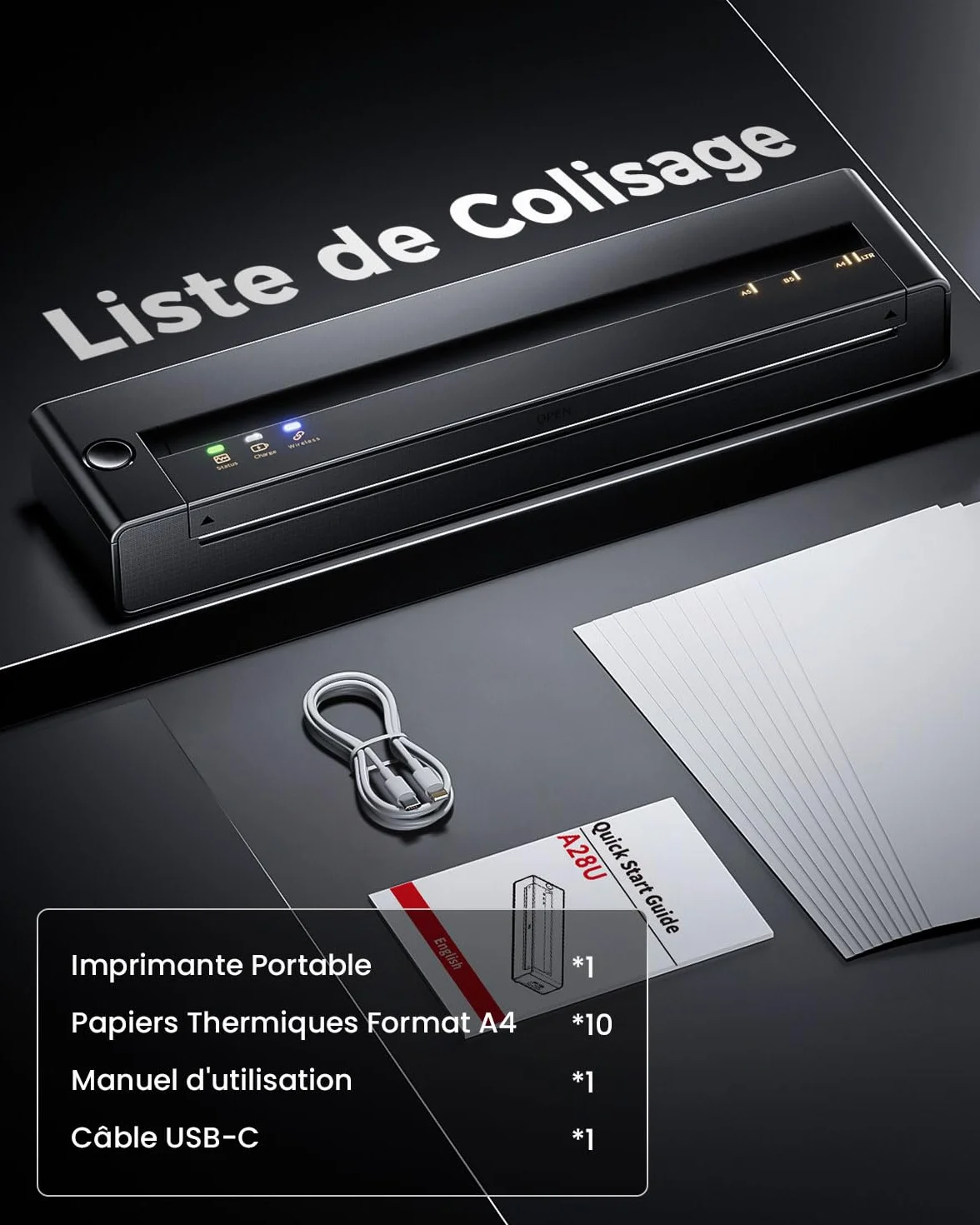 TATTMUSE A28U Imprimante Thermique A4 Portable sans Encre pour Papier A4/A5/B5 Compatible iOS Android