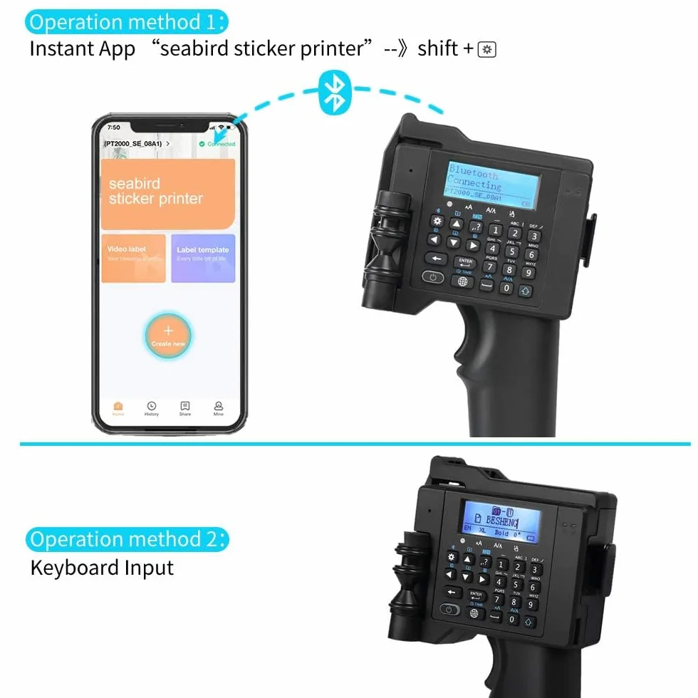 PT2000SE Imprimante à Jet d'Encre Portable avec Cartouche à Séchage Rapide pour QR Code, Logo, Date, Code-Barres