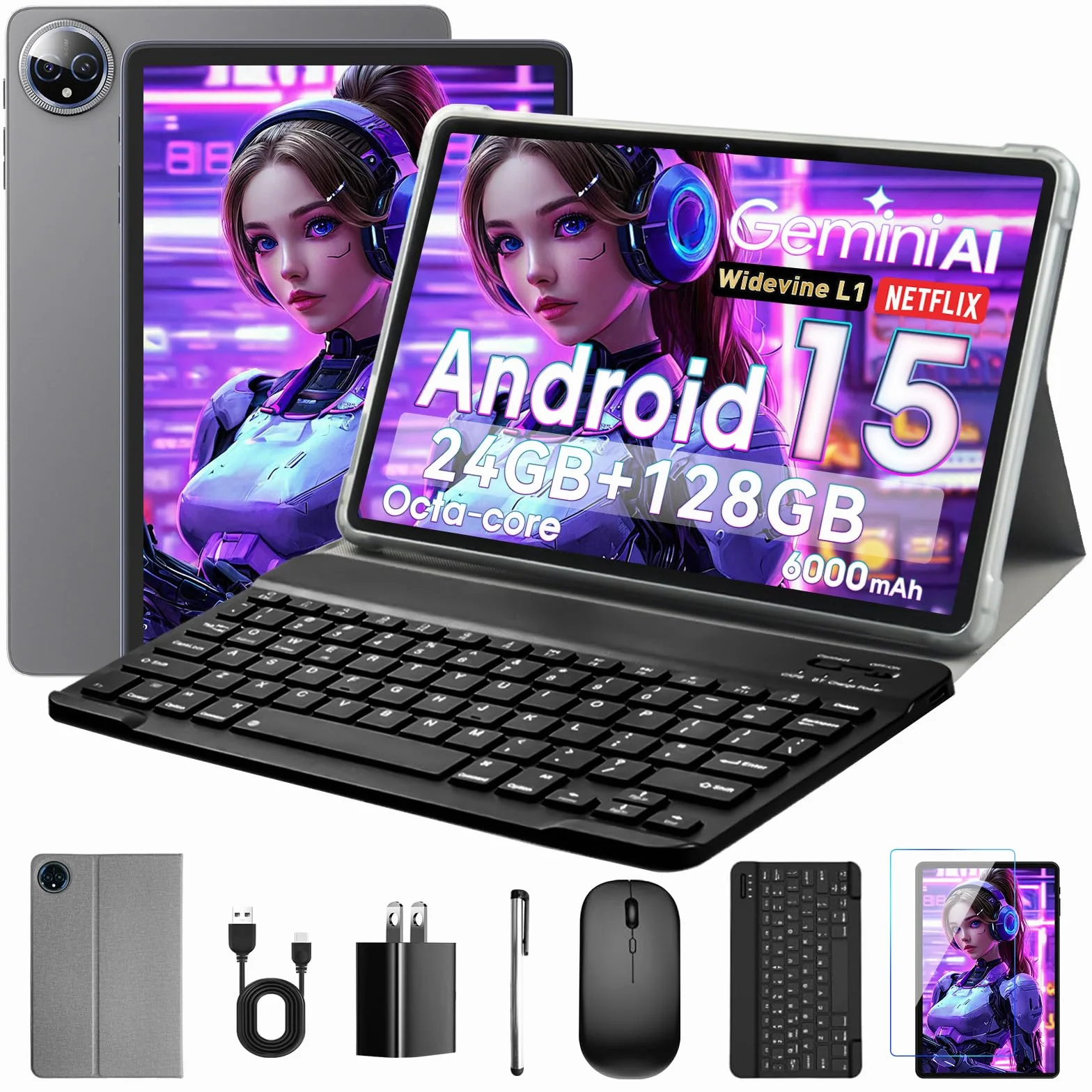 Android 15 Tablet 10" 24GB RAM 128GB ROM Octa-Core 1280x800 HD IPS Touchscreen 5MP+8MP Cameras 6000mAh Keyboard Mouse Widevine L1 Gray
