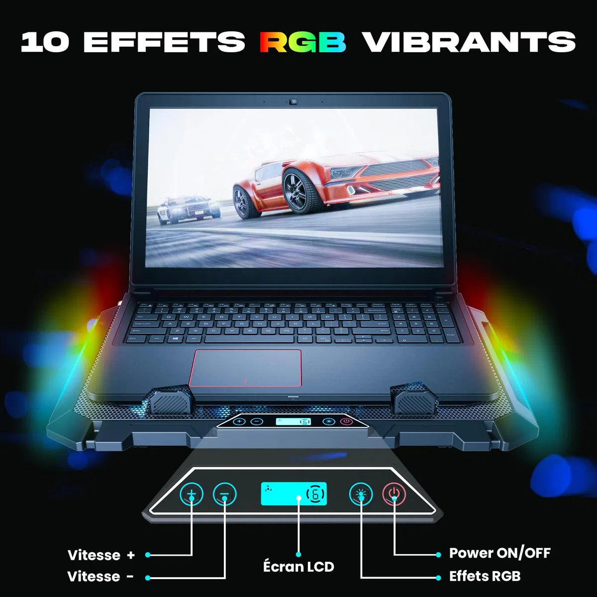 KLIM V8 Refroidisseur PC 8 Ventilateurs Rétroéclairage RGB Support Ventilé Ordinateurs 11" à 17" 2 Ports USB
