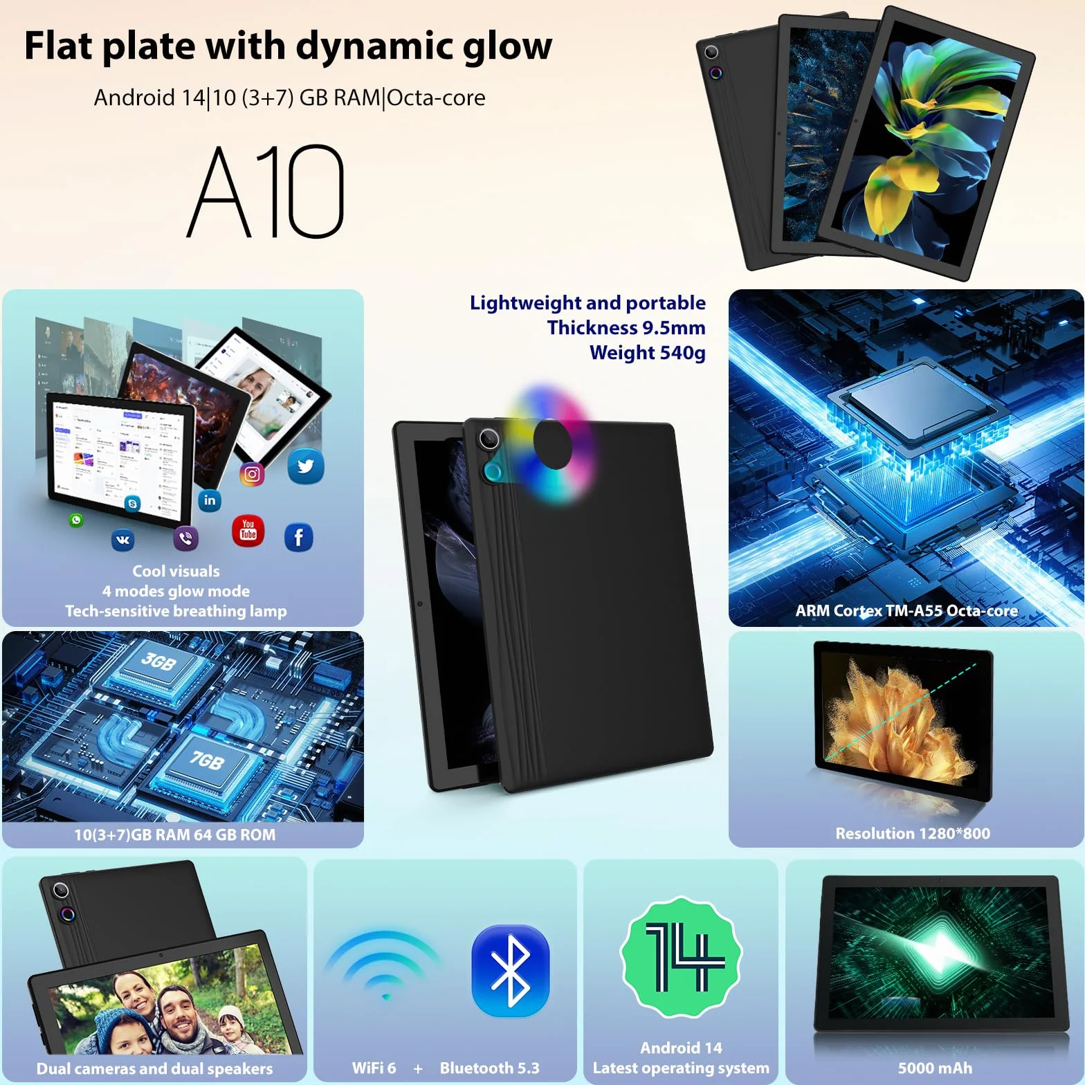 Tablette 10 Pouces Android 15 Octa-Core 24Go 64Go 1To TF WiFi 6 BT 5.3 Batterie 5000 mAh Noir