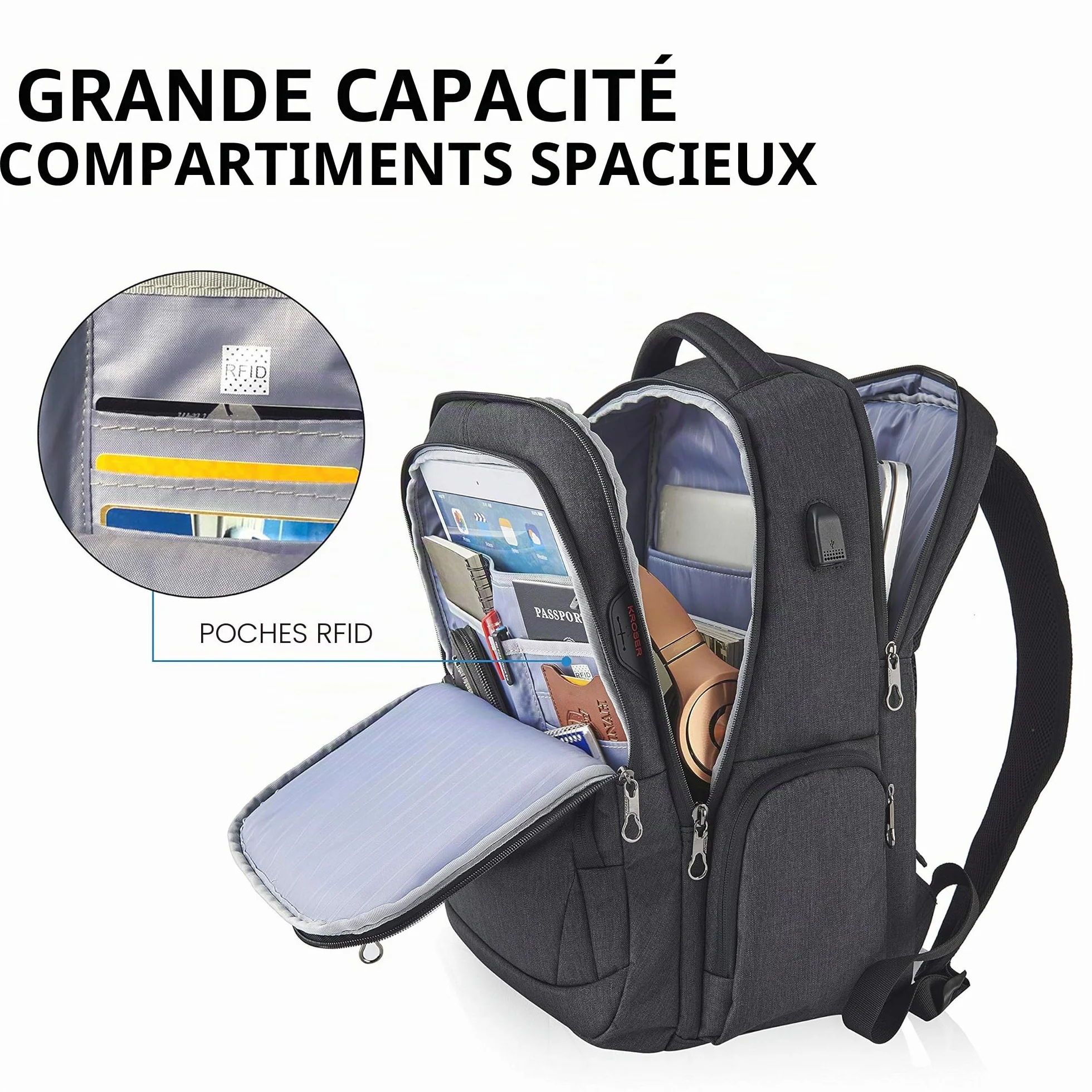 KROSER Sac à dos ordinateur portable 17,3" imperméable USB RFID