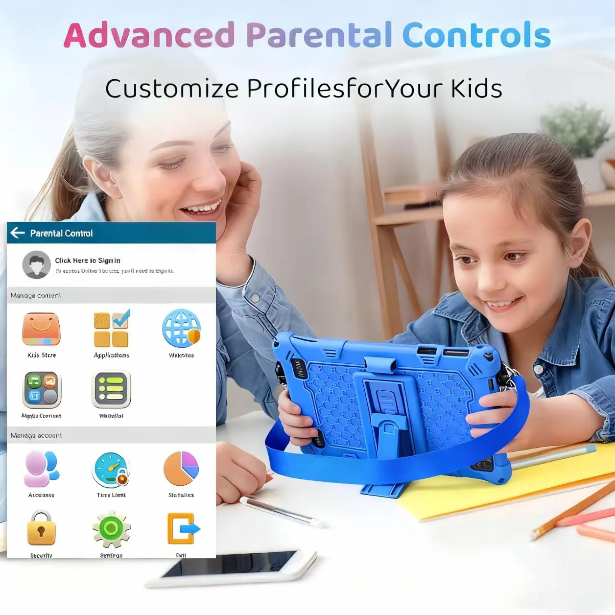 Tablette Enfants 8 Pouces Android 6+10 RAM 128Go ROM Carte TF 256Go certifiée Google Wi-Fi étui Antichoc Bleu