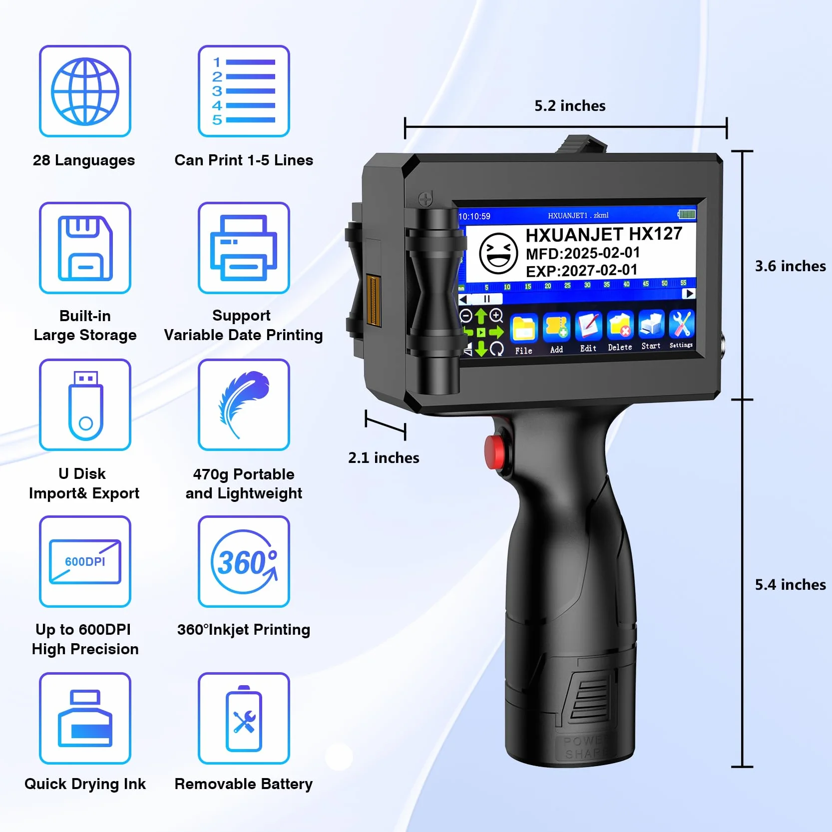 Imprimante à Jet d'encre Portable HX127 pour Code QR, Code-Barres, Date, Logo, Texte