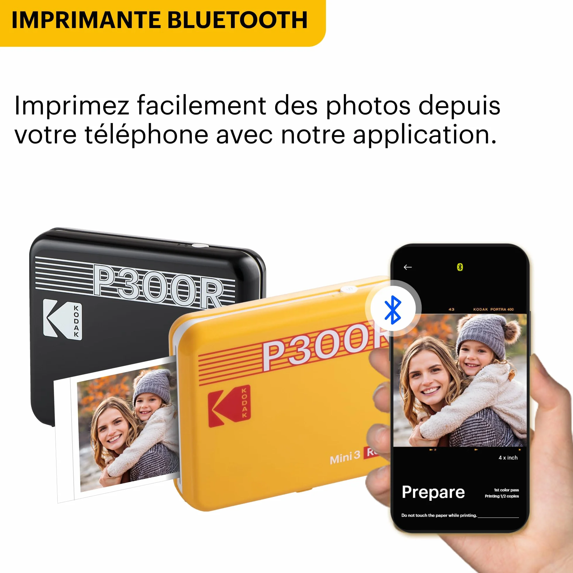 KODAK Mini 3 Retro 4PASS Imprimante Photo Portable 7,6x7,6cm Jaune
