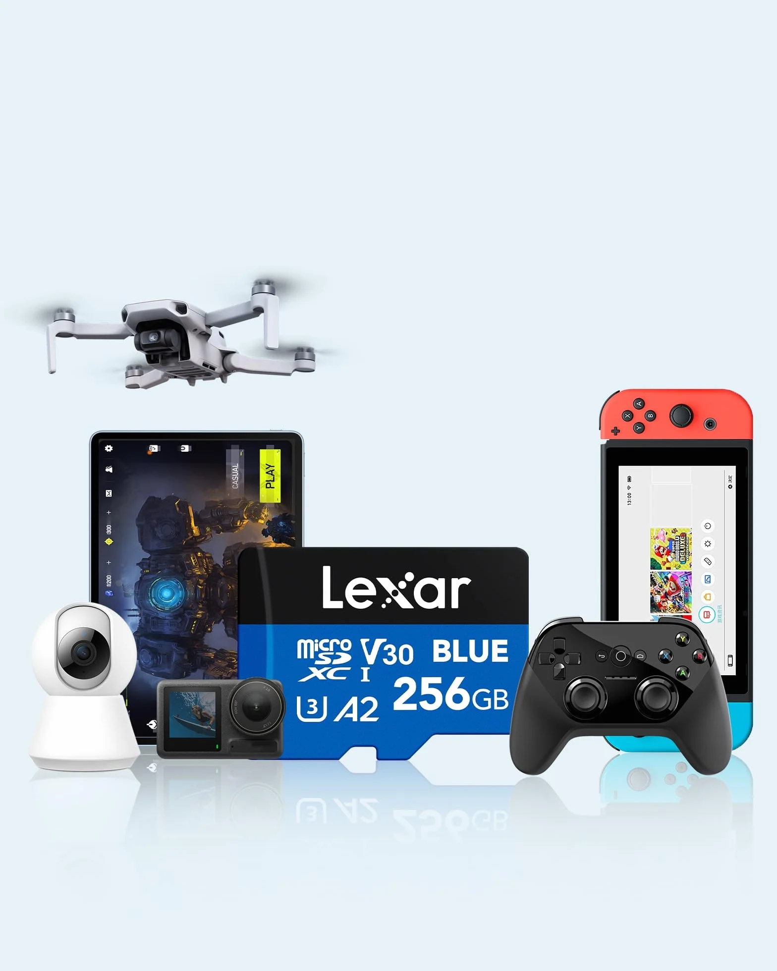 Lexar Blue Carte Micro SD 256Go, microSDXC UHS-I C10 U3 V30 A2, jusqu'à 160 Mo/s Lecture, pour Smartphones Tablettes Caméras d'Action
