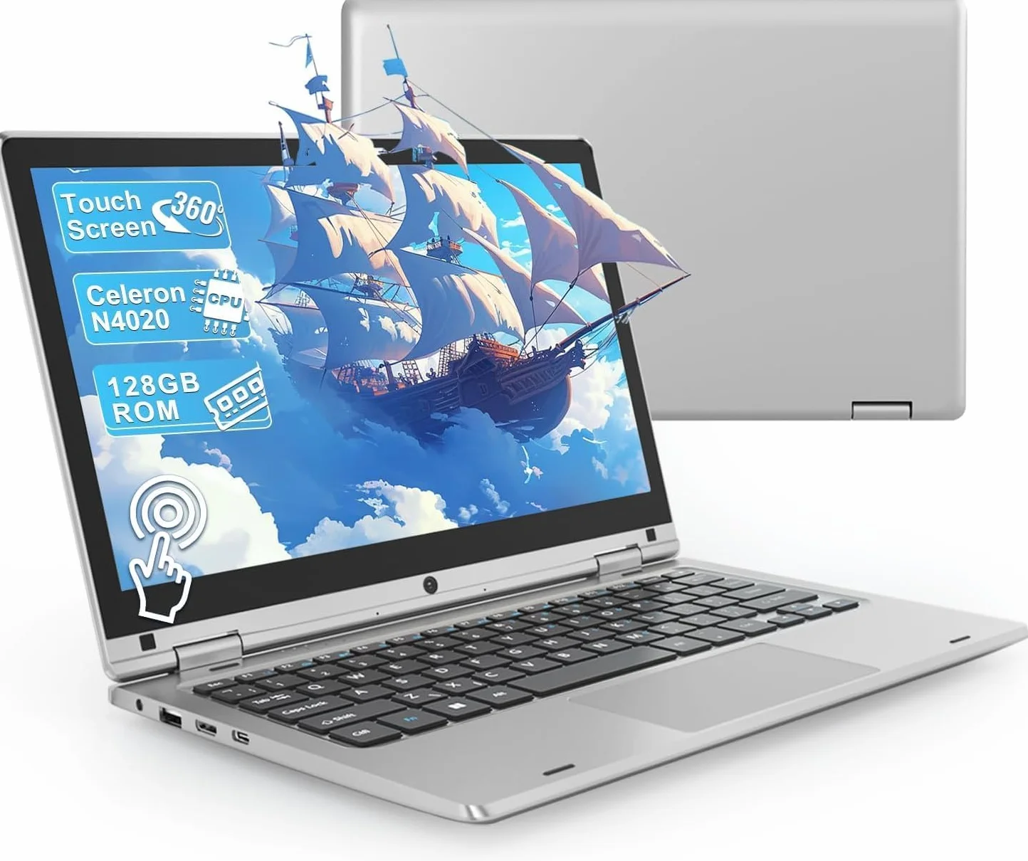 PINSTONE 11,6 Pouces Ordinateur Portable Celeron N4020 6 Go RAM 128 Go SSD Tactile Pliable 360° WiFi Bluetooth 4.2 Mini HDMI Argent