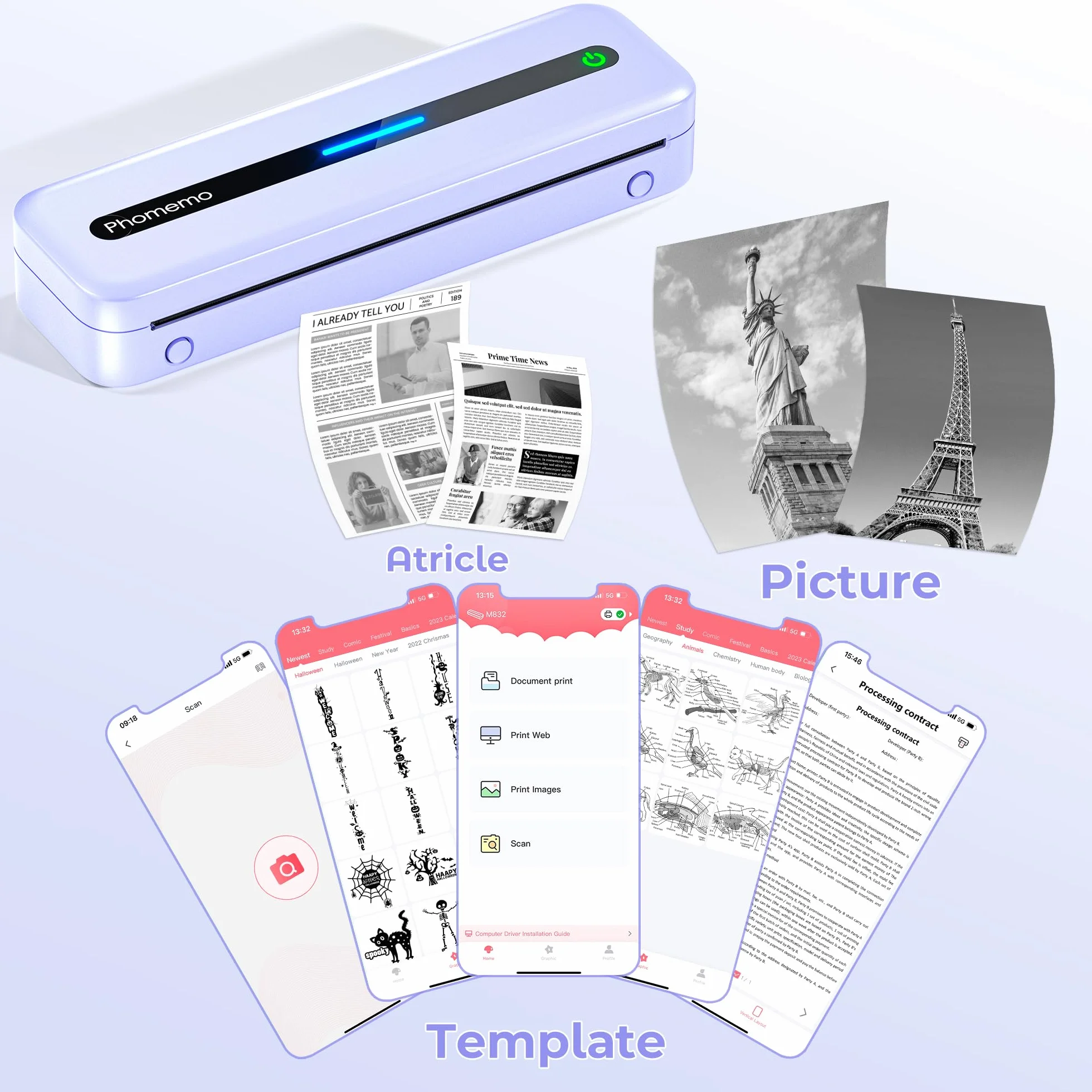 Phomemo M832 Imprimante Portable A4 Thermique Compatible Android iOS sans Encre Violet