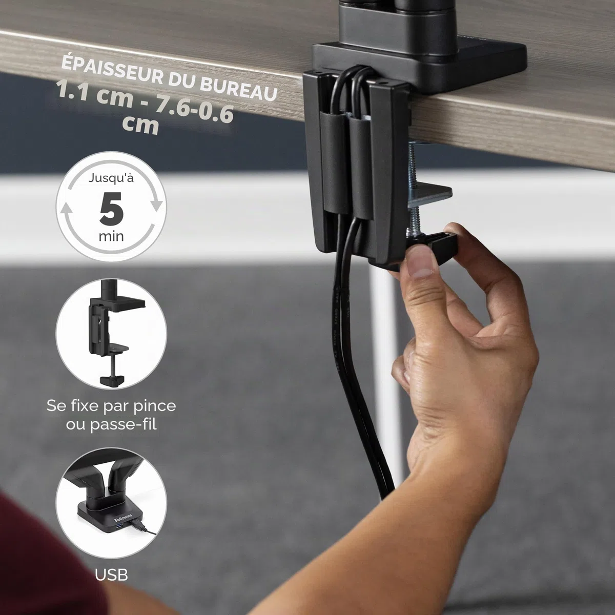 Fellowes Bras Porte Écrans Platinum Triple pour 3 Moniteurs Jusqu'à 27", Portrait Ou Paysage, Norme VESA, 2 Ports USB
