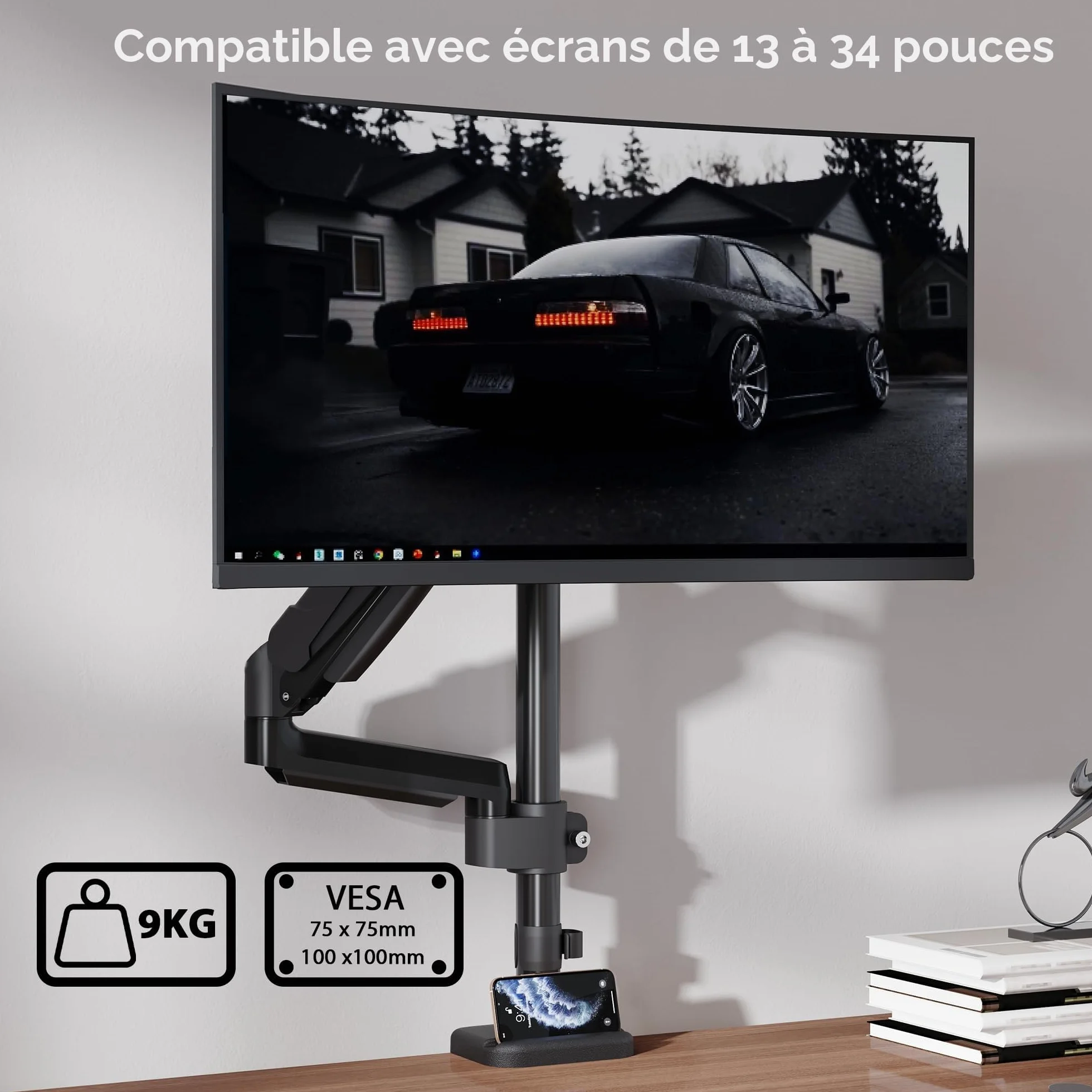 BONTEC Bras Support Ecran PC 13-34 Pouces Réglable Hauteur Rotation 360° VESA 75/100mm Ressort à Gaz 3-9kg