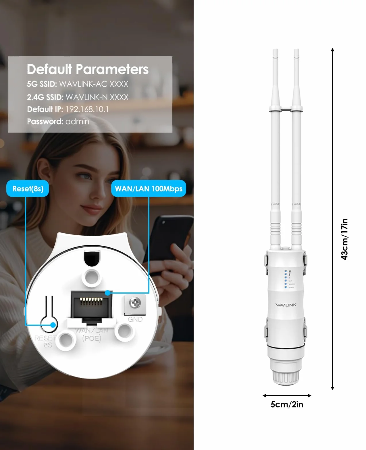 WAVLINK AC1200 Répéteur WiFi Extérieur Longue Portée PoE IP67 Étanche Double Bande 2.4G 5G Point d'Accès Outdoor Antennes Puissantes