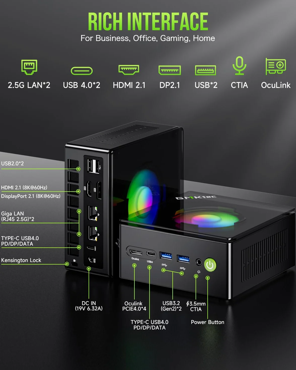 GMKtec K11 R9 8945HS Gaming Mini PC, 32GB DDR5 RAM, 2TB NVME SSD, Oculink, Dual 2.5GbE LAN