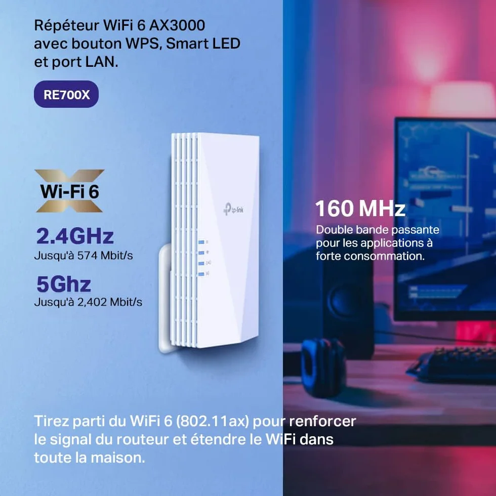 TP-Link Répéteur WiFi 6 RE700X, Amplificateur WiFi AX3000 Mbps, Port Ethernet Gigabit, 150 m²