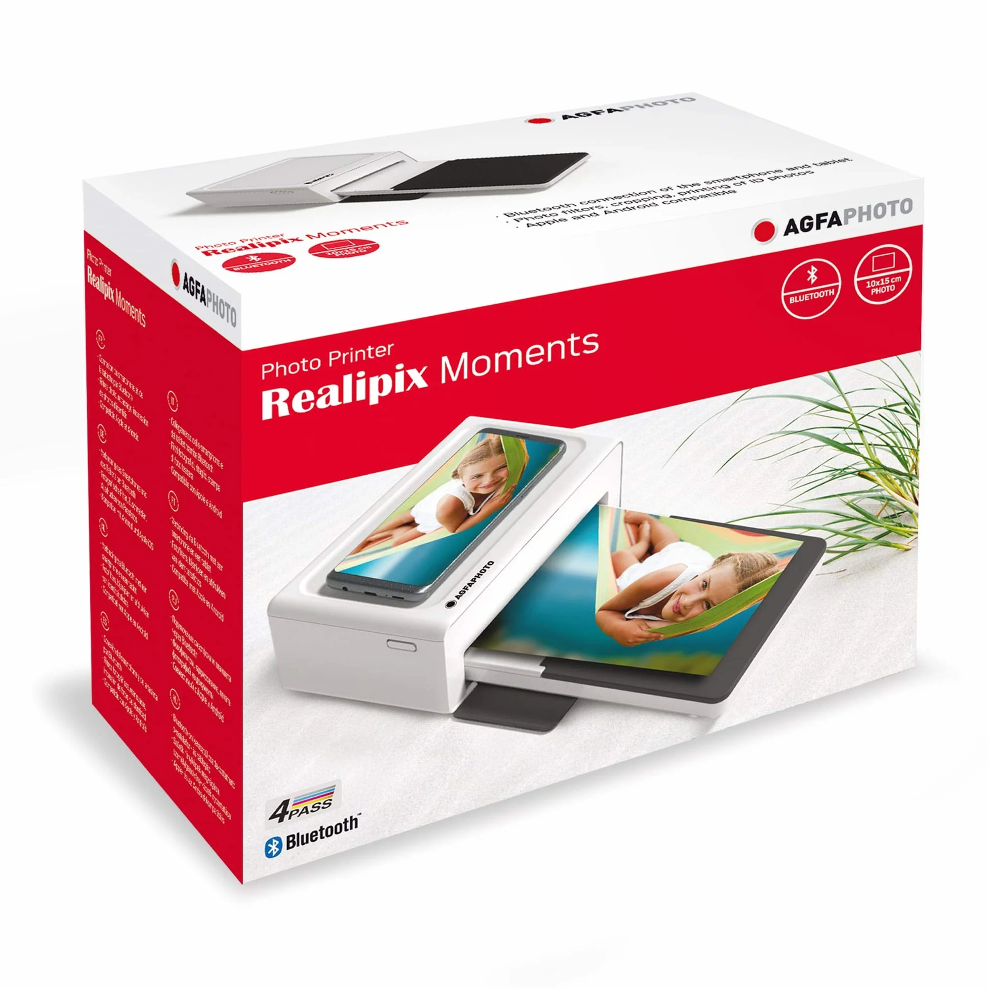 AgfaPhoto Realipix Moments Imprimante Photo Bluetooth 10x15 cm 4Pass Sublimation Thermique Blanc + Cartouches Papier 40 Photos + Cadre magnétique