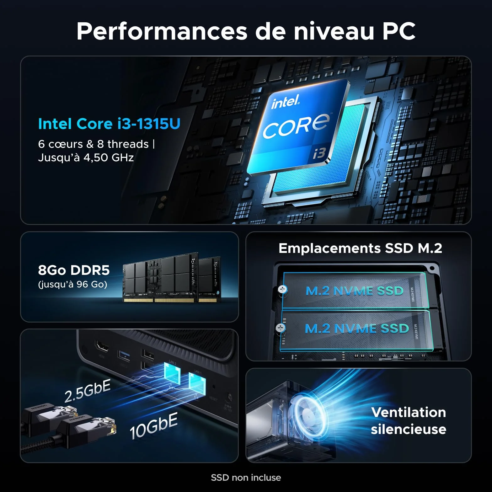 UGREEN NASync DXP4800 Pro NAS de Bureau 4 Baies, Processeur Intel i3-1315U, 8 Go RAM DDR5, SSD 128 Go, 10 GbE