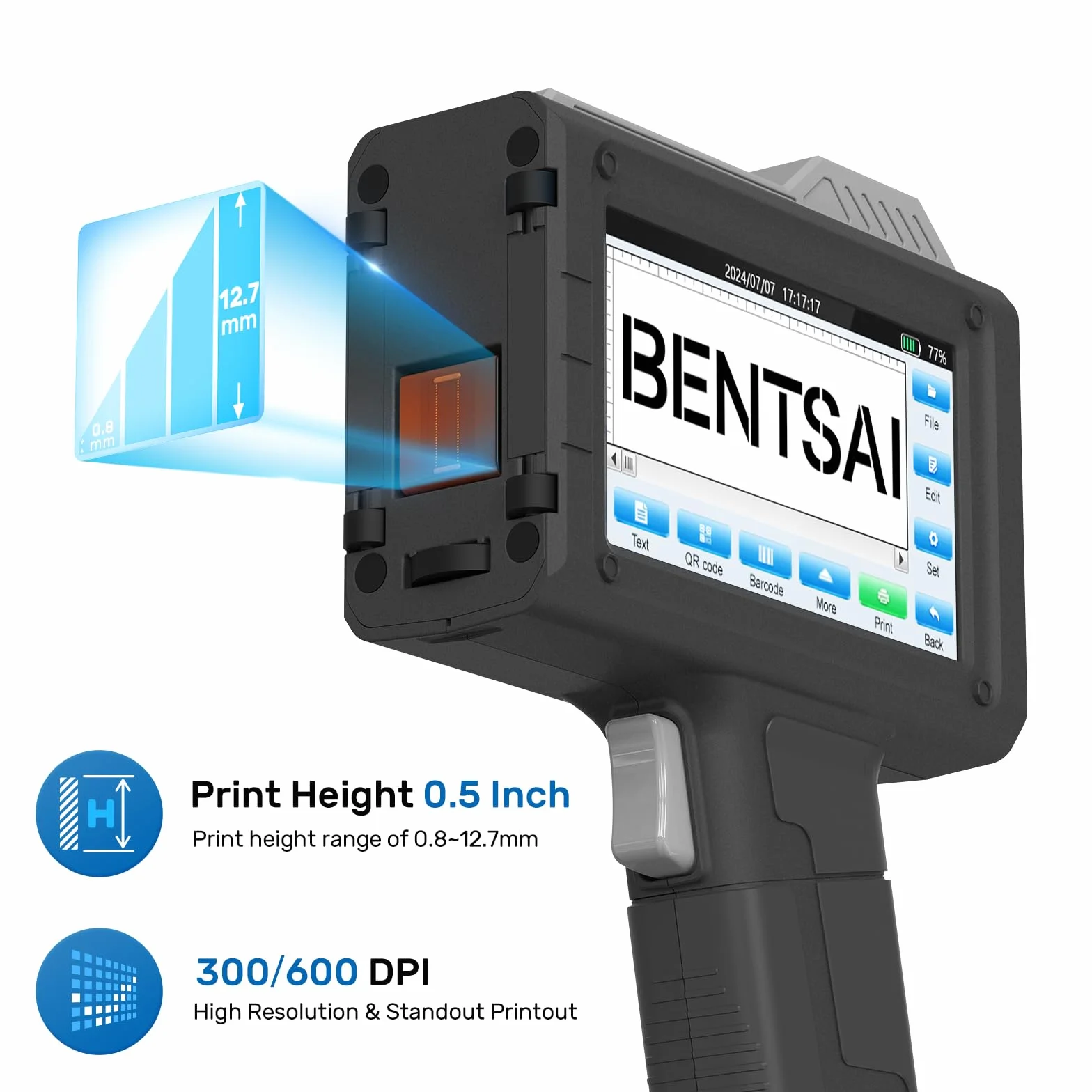 BENTSAI BT-HH6205B Imprimante à Jet d'encre Portative 16 Heures Autonomie Carton Bois Plastique Métal