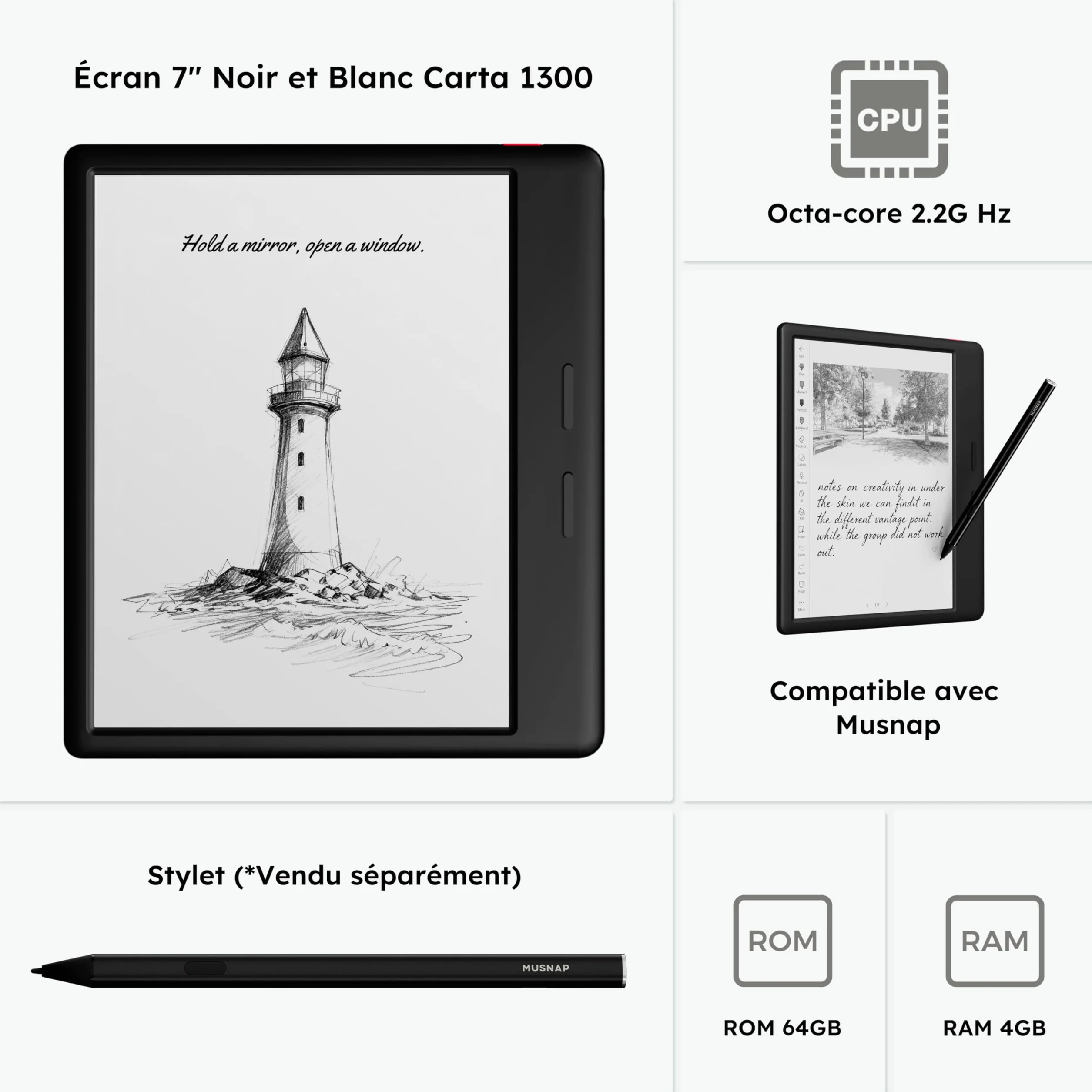 Ocean Lecteur eBook 64 Go + 4 Go 7" E-Ink tablette papier écran 17,8 cm batterie longue durée