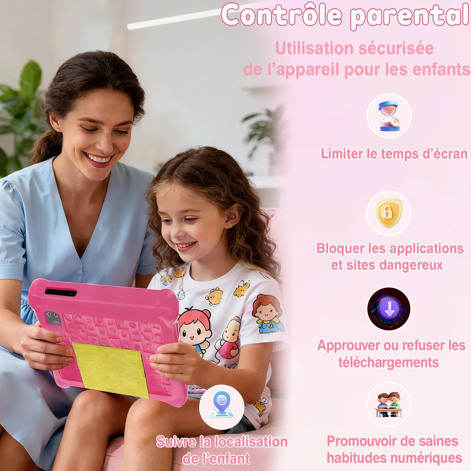Tablette Enfants 7 Pouces Android 5GB RAM 32GB ROM Contrôle Parental IPS HD Bluetooth WiFi Quad Core Double Caméra avec Étui (Rose)
