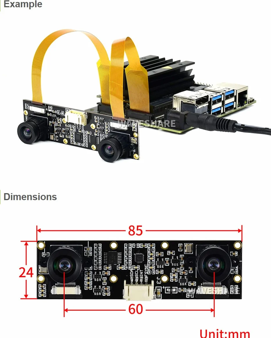 Waveshare Binocular Camera Module Dual IMX219 8MP for AI Vision Depth Stereo Jetson Nano B01 Raspberry Pi 5 Pi4 CM4