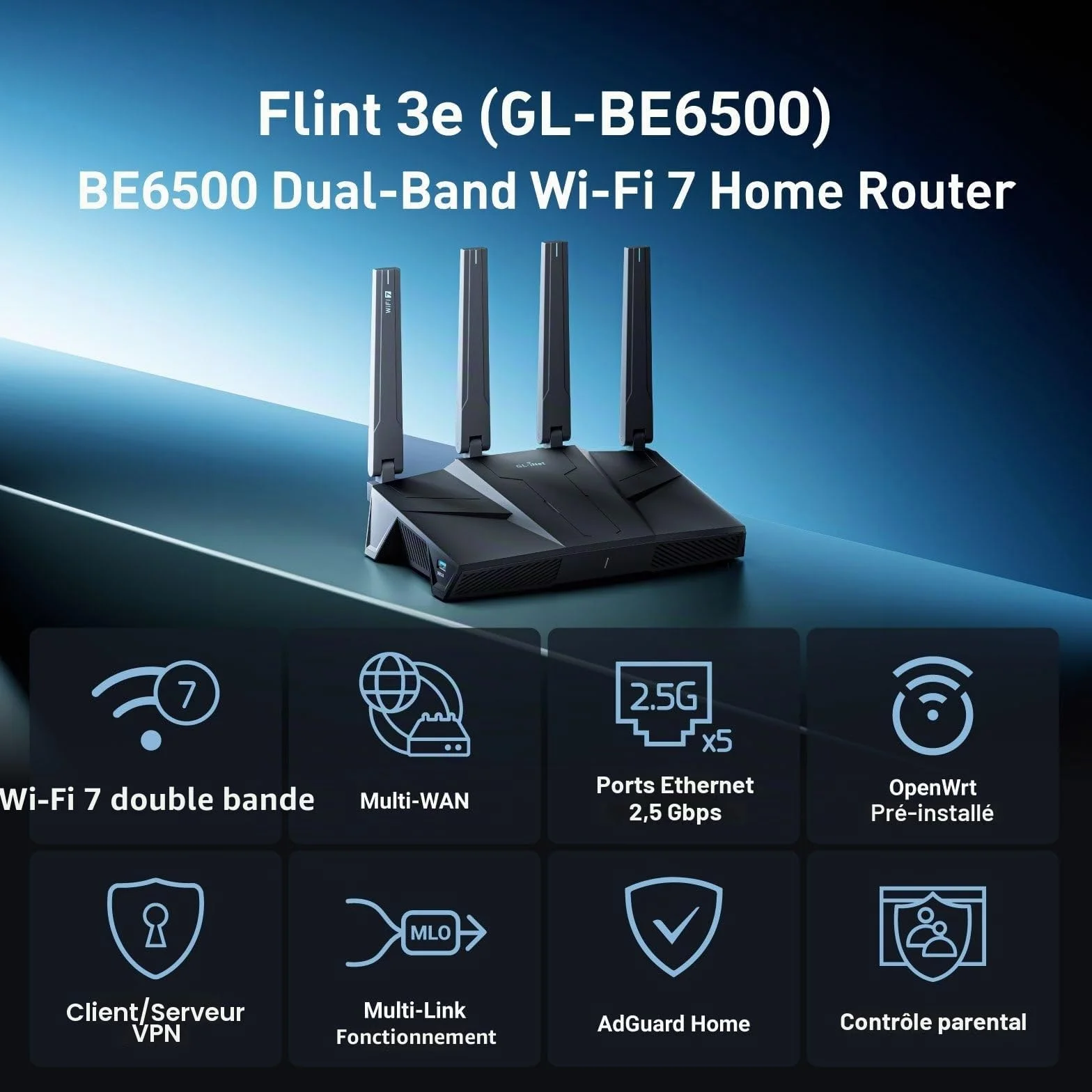 GL.iNet GL-BE6500 Flint 3e Routeur Wi-Fi 7 Double Bande Haut débit VPN 2,5 GHz