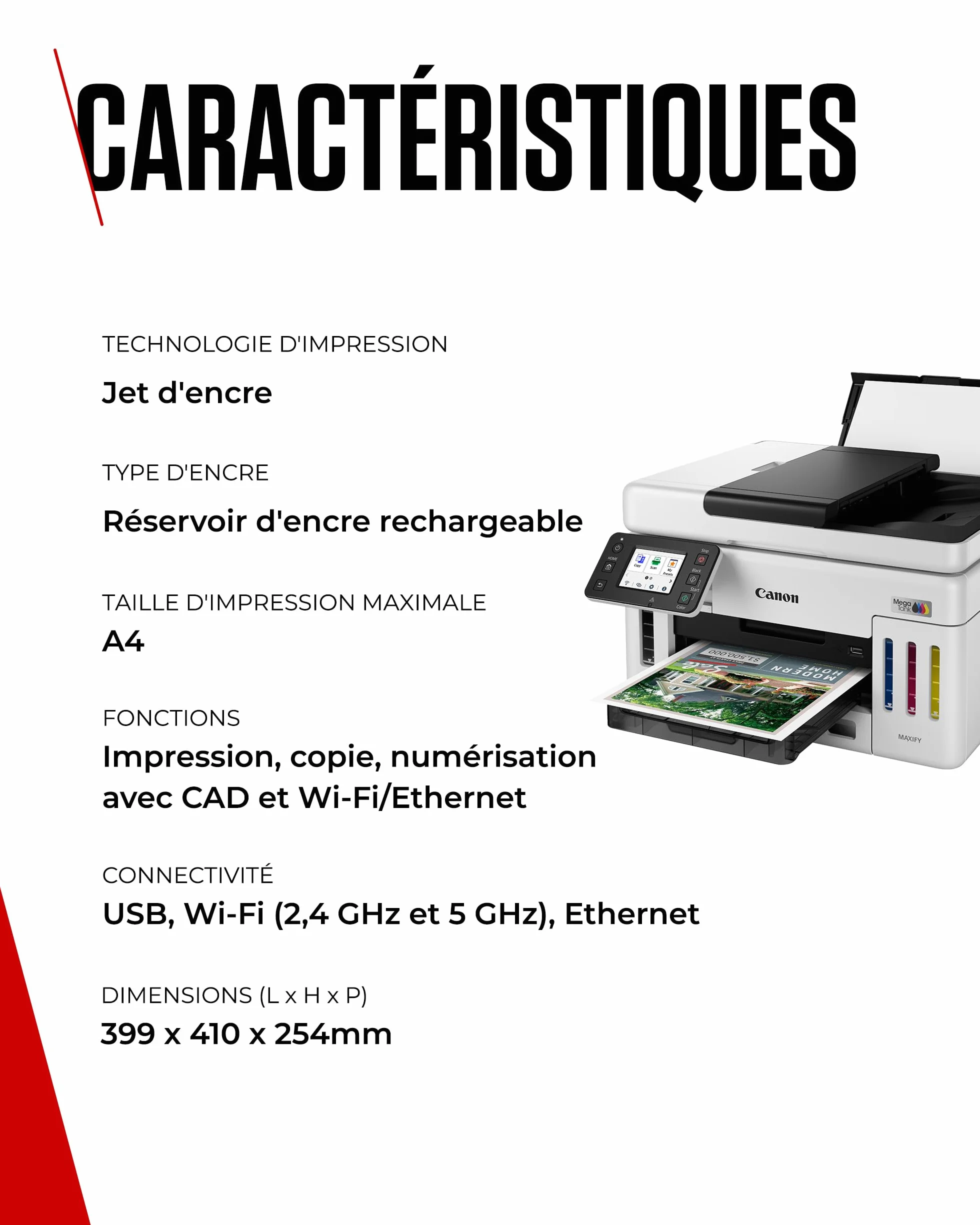 Canon MAXIFY GX6150 Imprimante de Bureau Compacte MegaTank Jet d'encre Couleur sans Fil Tout-en-Un Wi-Fi Ethernet USB