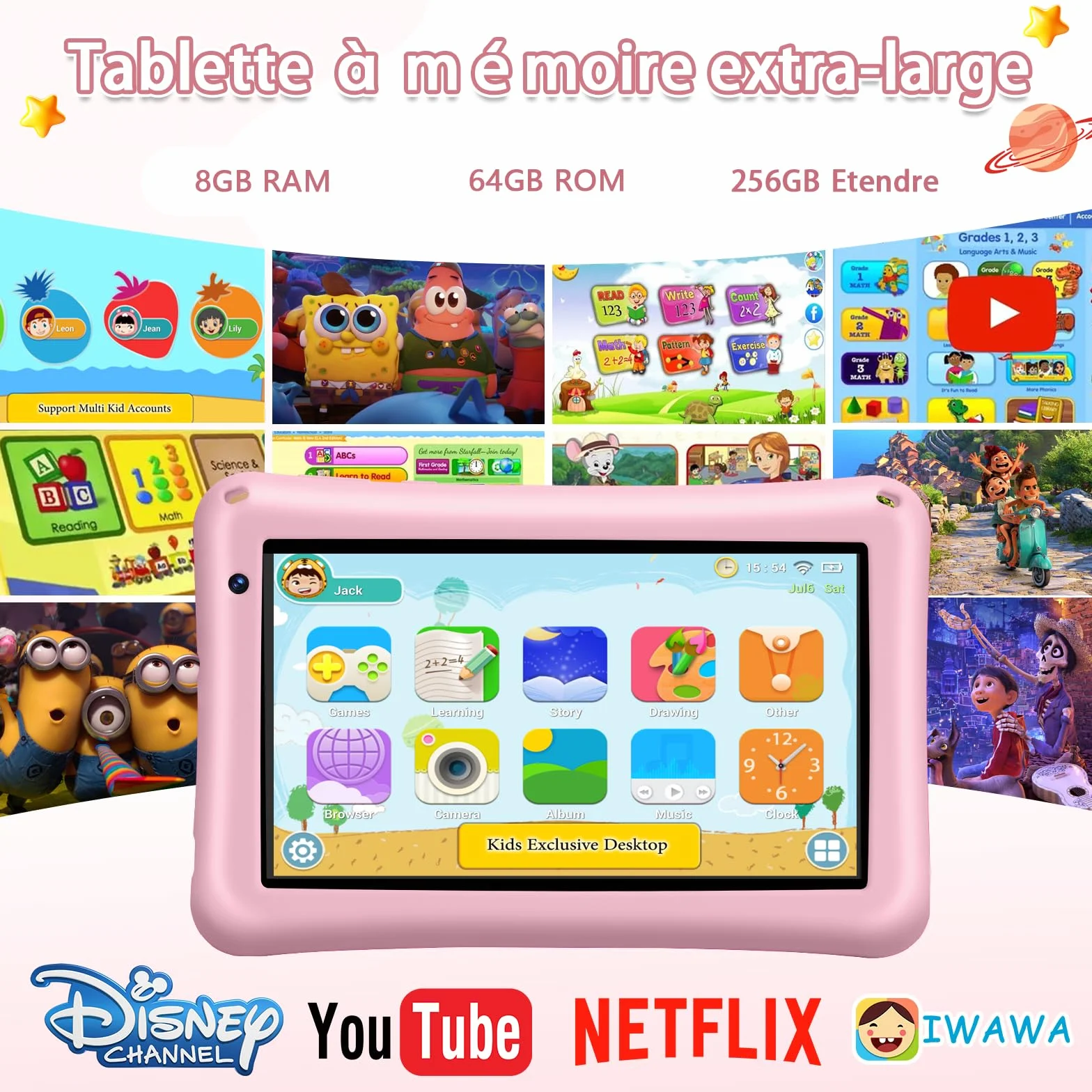 Tablette Enfant 7 Pouces Android 13 8Go RAM 64Go ROM Octa-Core 5800mAh Certifié Google Rose