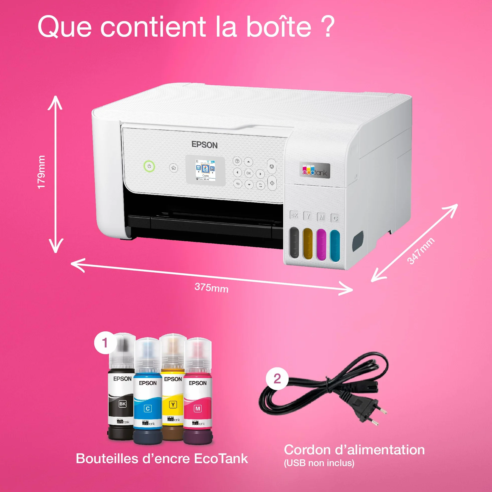 Epson EcoTank ET-2876 Imprimante A4 Wi-Fi Réservoir d'encre Copie Numérisation Écran LCD 3,7cm