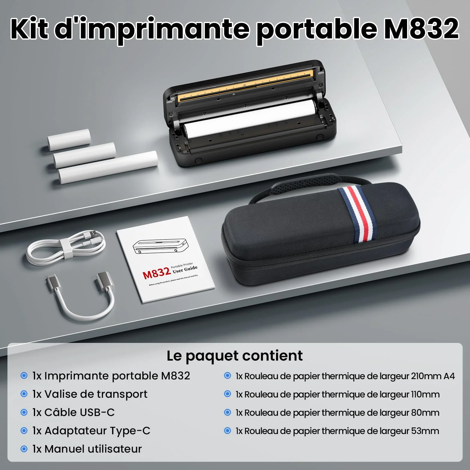 Phomemo M832 Imprimante Thermique A4 sans Encre, Compatible avec Phones & Laptop, avec Mallette de Transport et 4 Rouleaux