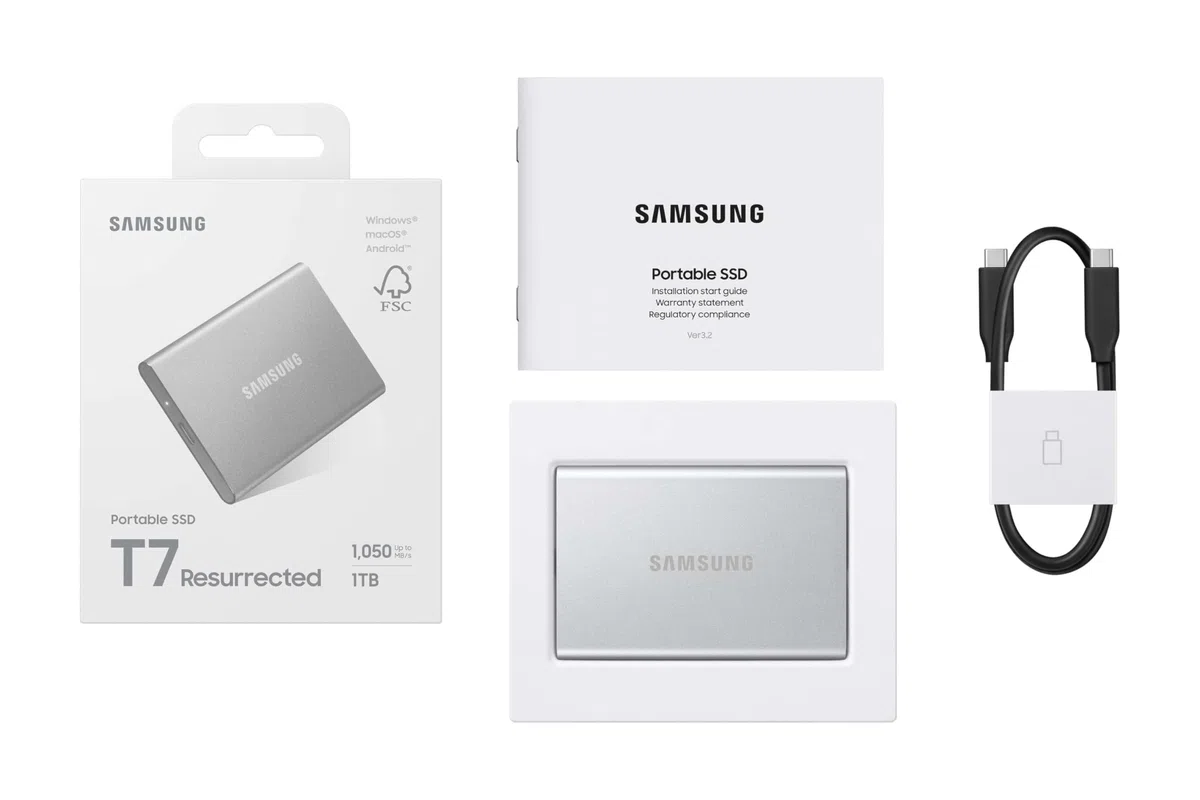 Samsung T7 Resurrected MU-PD1T0G/WW, SSD Externe Portable Gris Clair, 1 to, USB 3.2 Gen.2