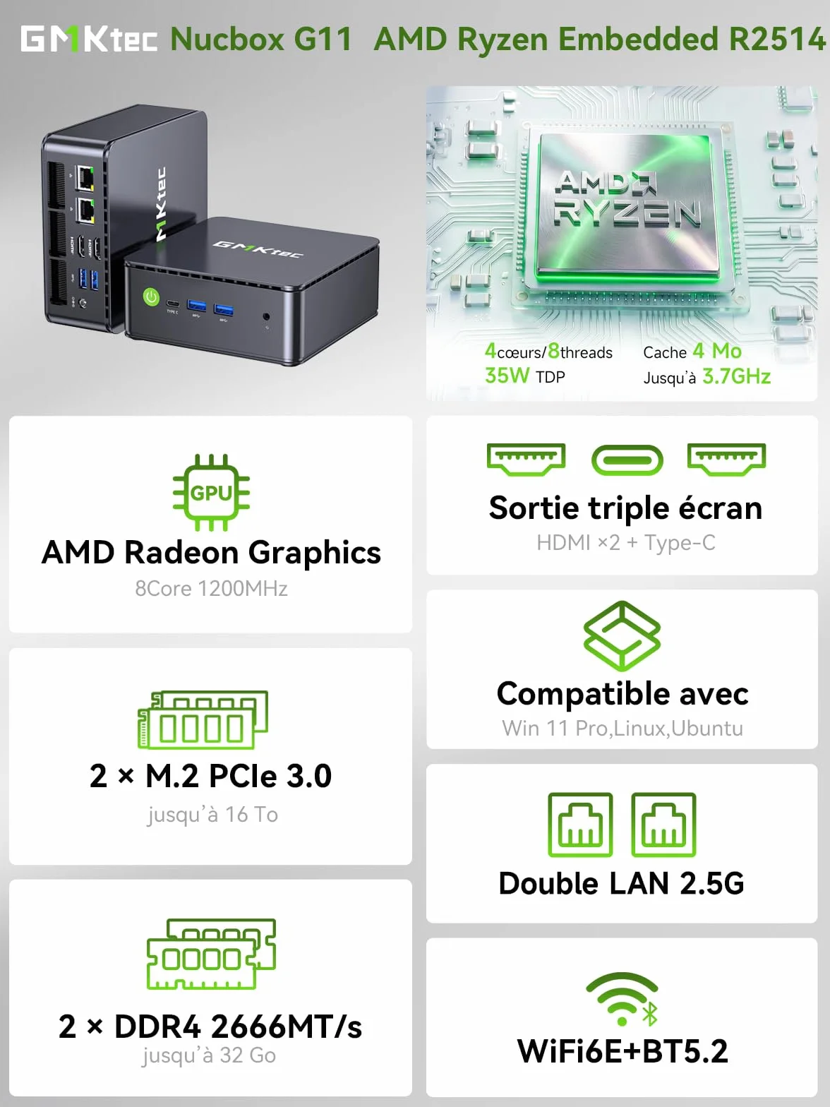GMKtec G11 Mini PC AMD Ryzen Embedded R2514 16Go DDR4 512Go SSD PCIe 3.0 Dual LAN 2,5G WiFi6E Triple écran 4K