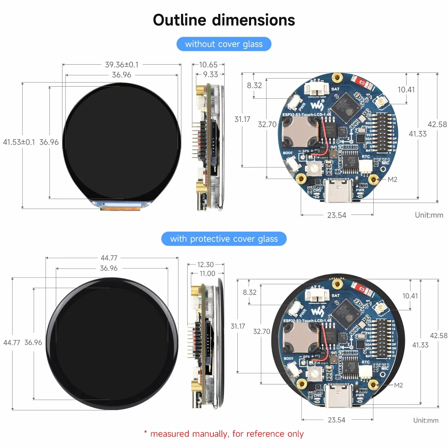 Waveshare ESP32-S3 1.46inch Round Display Development Board 412x412 Wi-Fi BLT Accelerometer Gyroscope Sensor