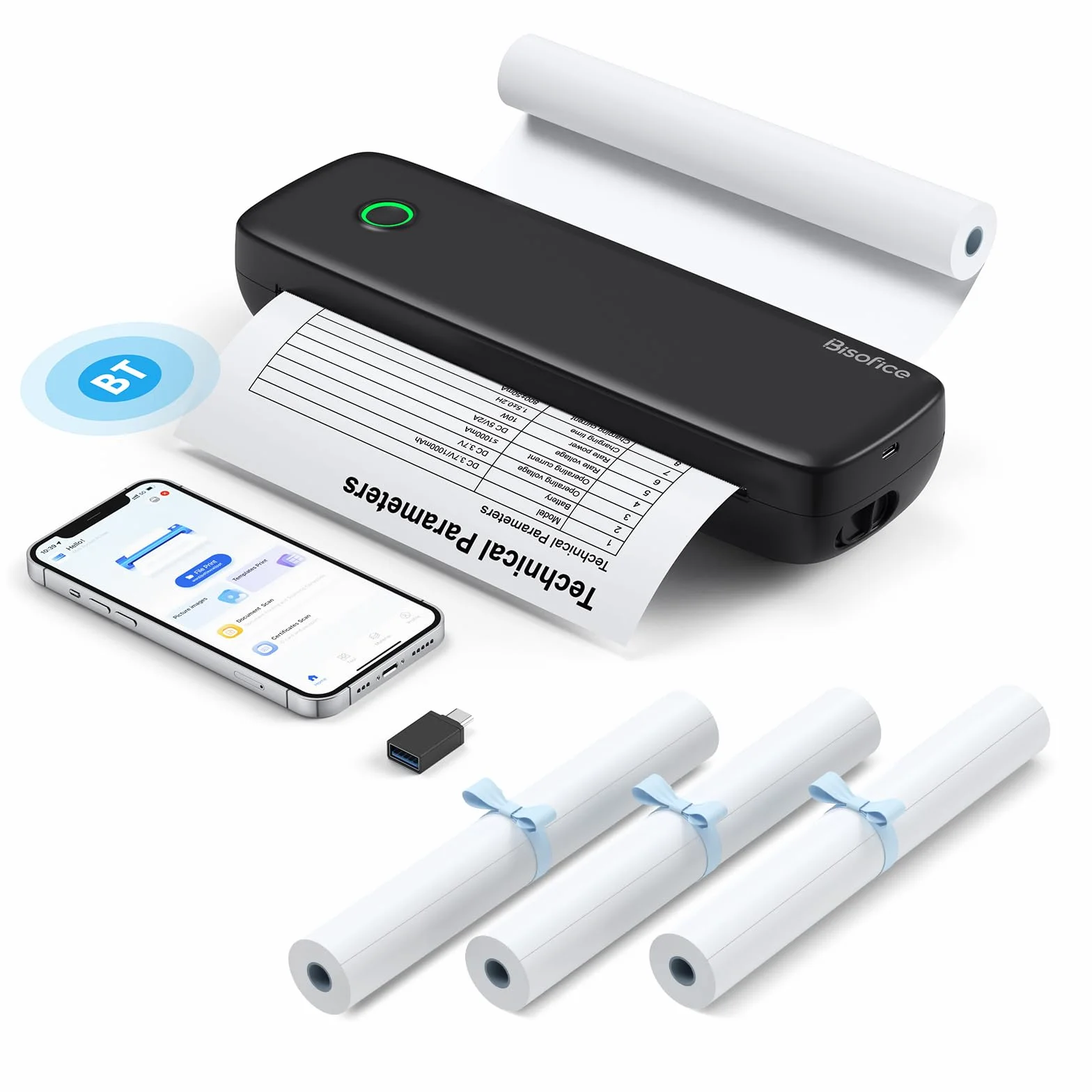 Bisofice L81 Imprimante Thermique A4 Portable Bluetooth sans Encre Compatible Android iOS Noir