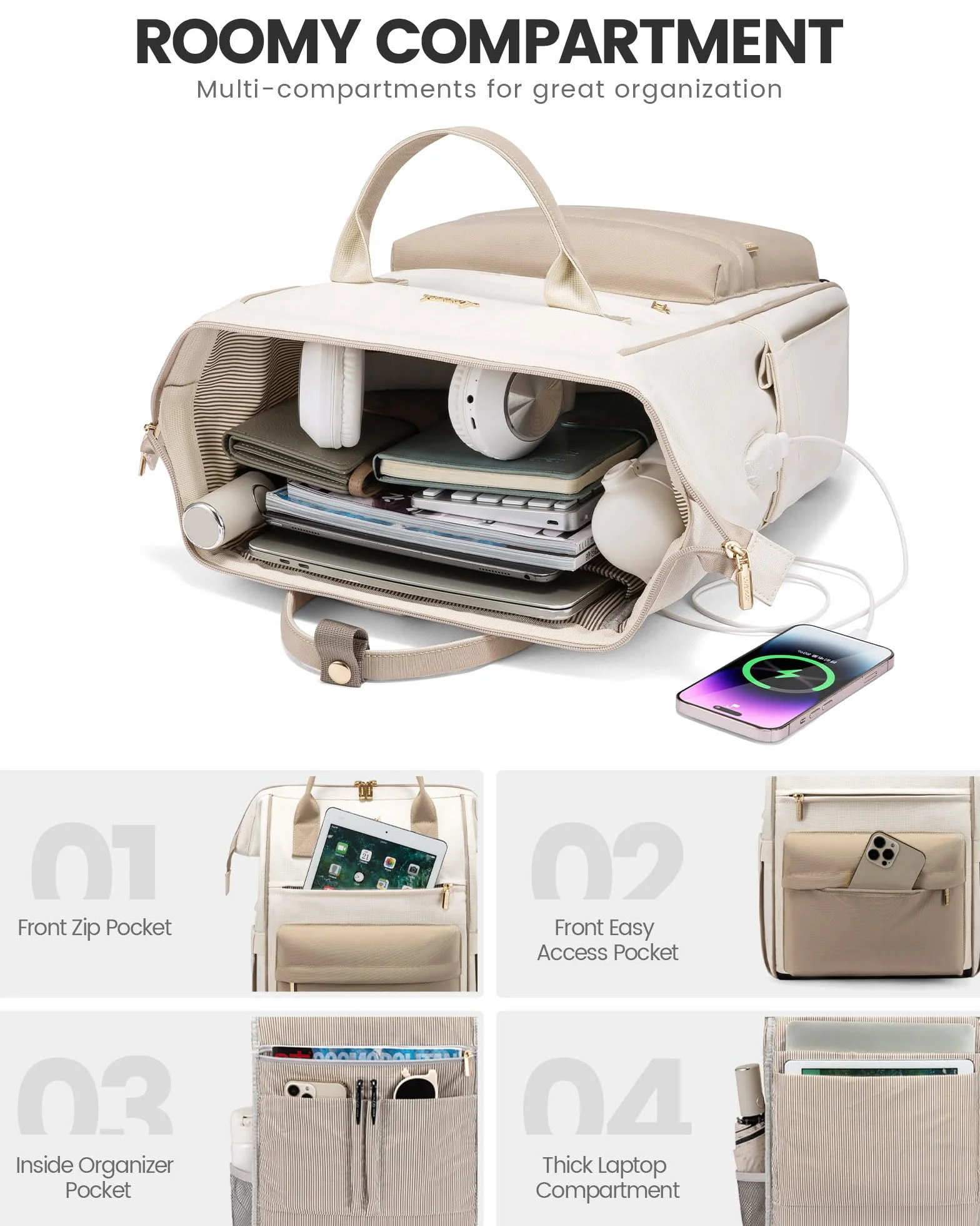 LOVEVOOK Sac à Dos Femme 15.6 Pouces Ordinateur Portable Voyage Antivol Etanche Kaki
