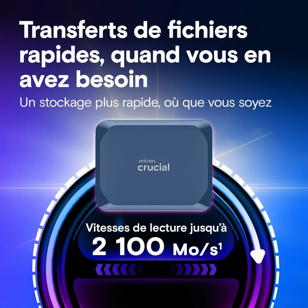 Crucial X10 2To Disque SSD Externe Portable USB-C 3.2 Gen2 2100Mo/s IP65 Bleu Mat