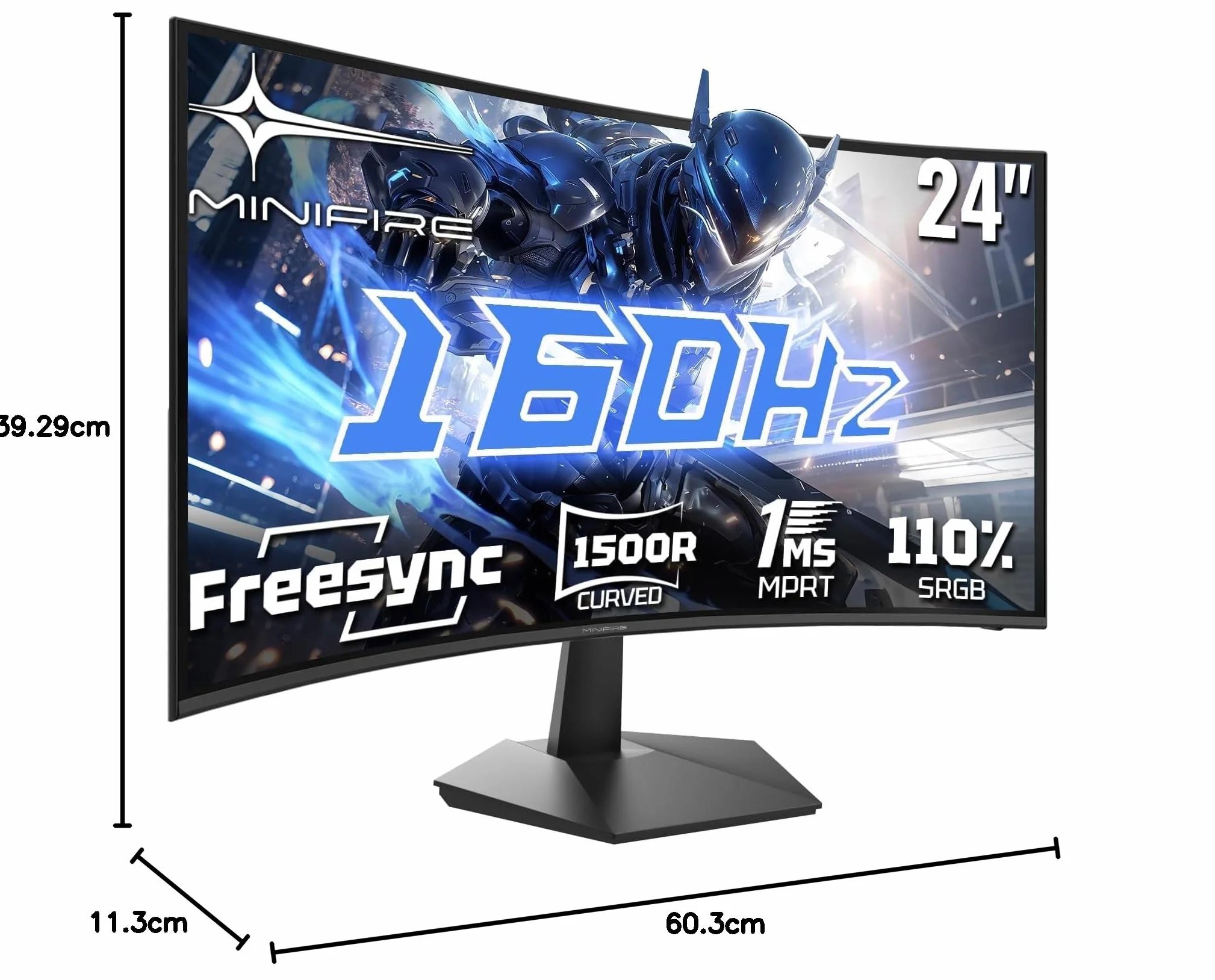 Minifire Ecran PC Gamer Incurvé 24 Pouces 160Hz FHD 1920x1080 1ms MPRT 110% sRGB 1500R Pied en métal Adaptive Sync VESA 100x100mm Inclinaison réglable HDMI2.0 DP1.4