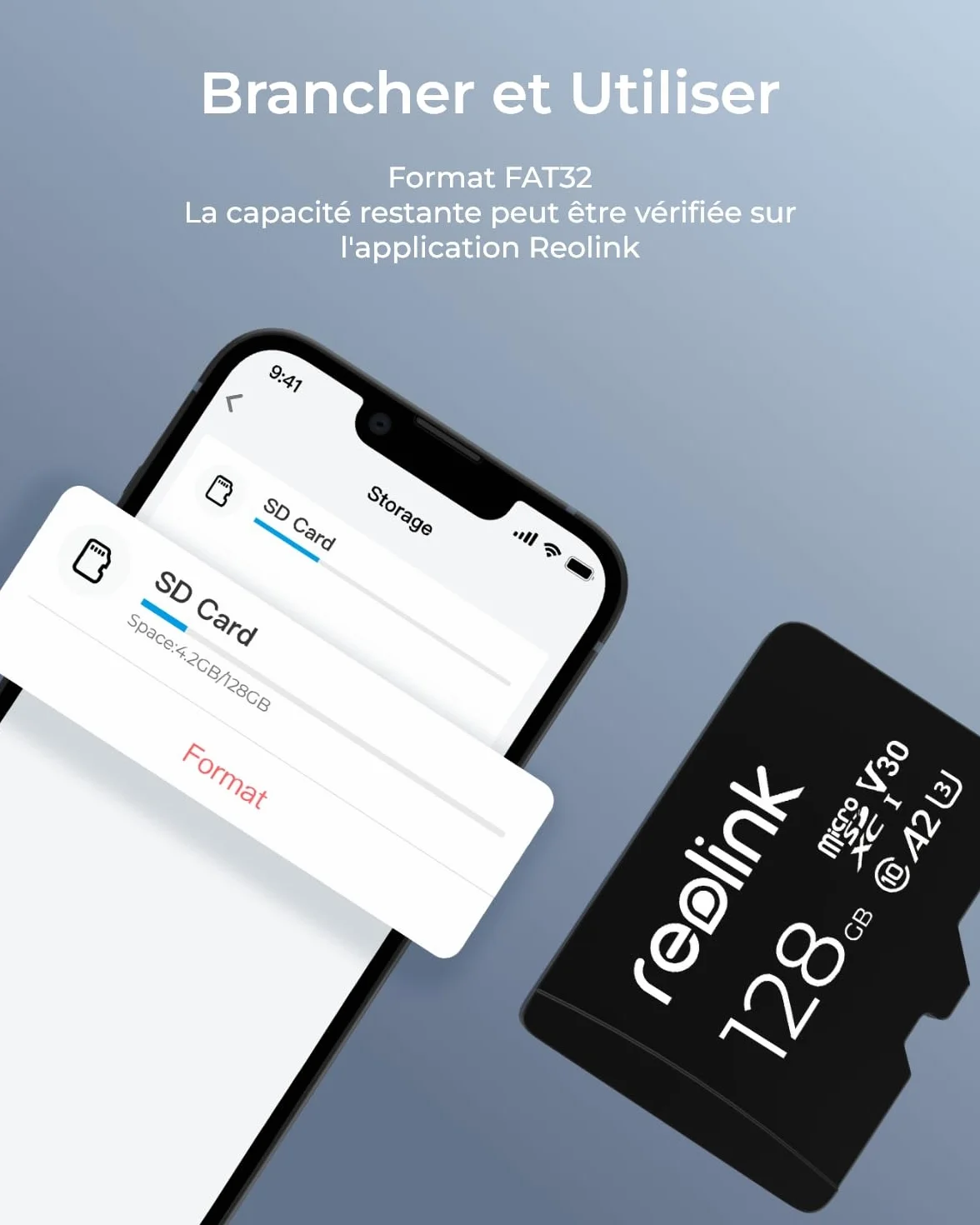 Reolink Carte Mémoire 128Go microSDXC Class 10 A2 U3 TF Compatible Caméra Surveillance