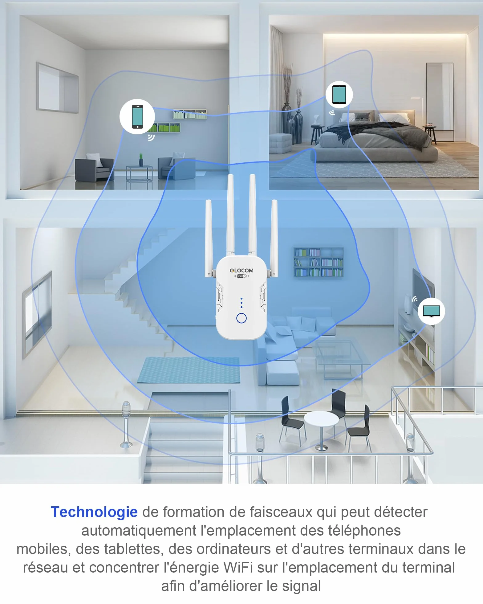 QLOCOM Répéteur WiFi 1200Mbps Amplificateur WiFi Double Bande 5GHz 2.4GHz WPS