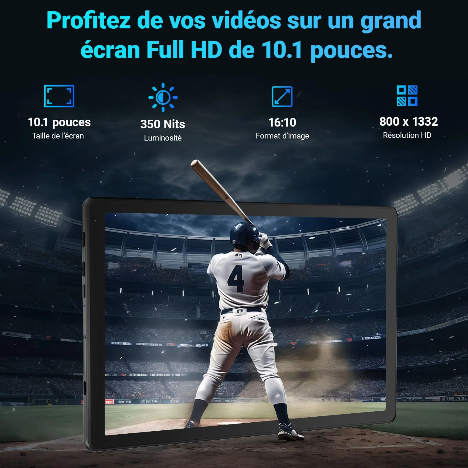 Tablette 10 Pouces Android 15 32 Go ROM+1 To TF 5000 mAh WiFi 6 Bluetooth 5.4 Widevine L1 Noir