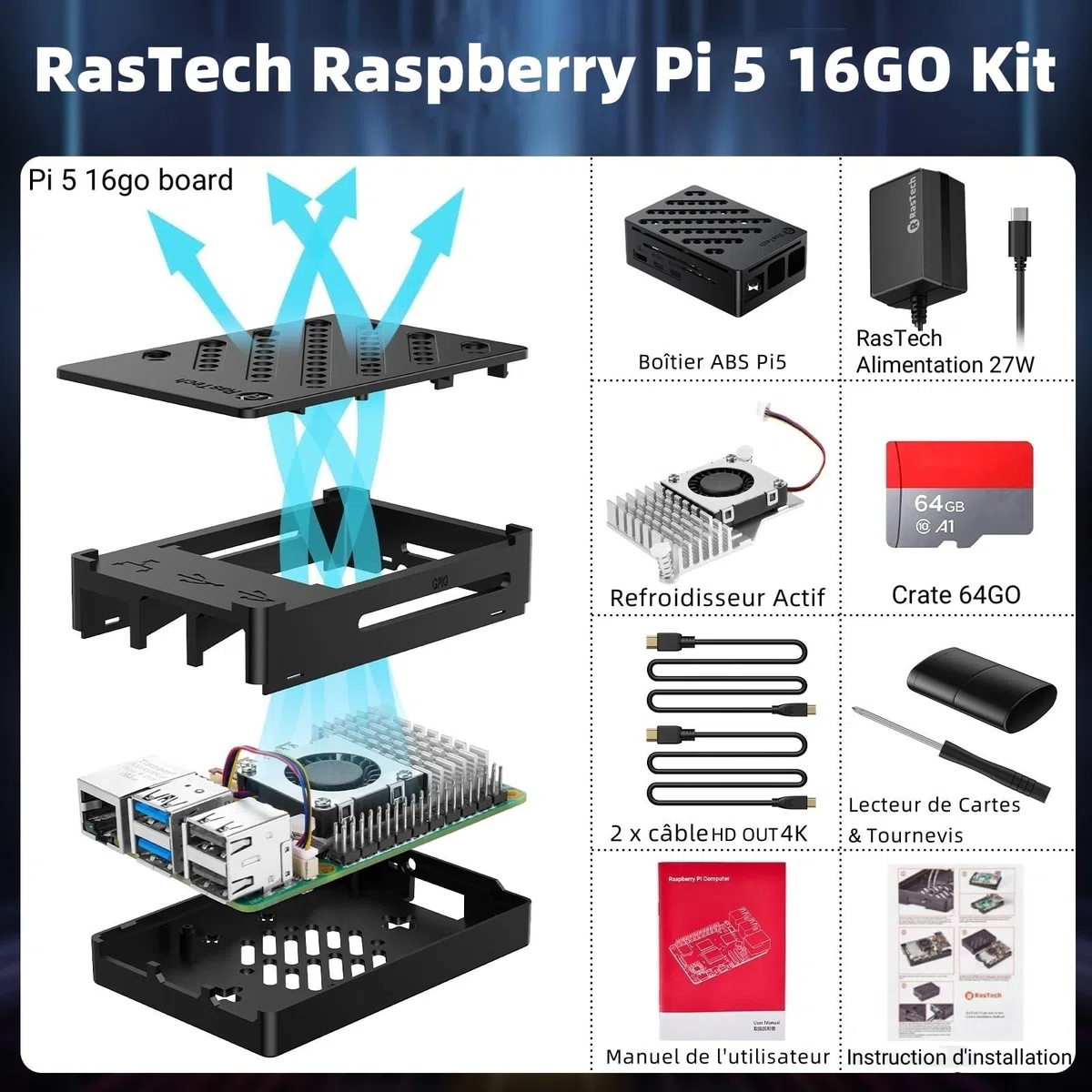 RasTech Raspberry Pi 5 16GO Kit 64GO Edition avec Active Cooler,Alimentation 27W 5.1V5A USB-C,Pi5 16GO Board,Kit Lecteur de Carte 64GO,Boîtier Pi 5,Double 4K Câbles de HD Out,Manuel d'utilisation