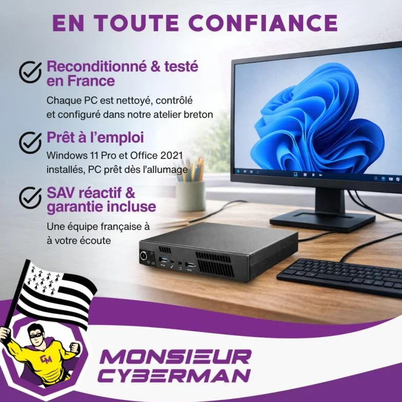 PC Ultra Mini Intel Core i5 Windows 11 Pro SSD 500Go RAM 16Go Wi-Fi Écran 22'' Ordinateur Bureau Compact Reconditionné