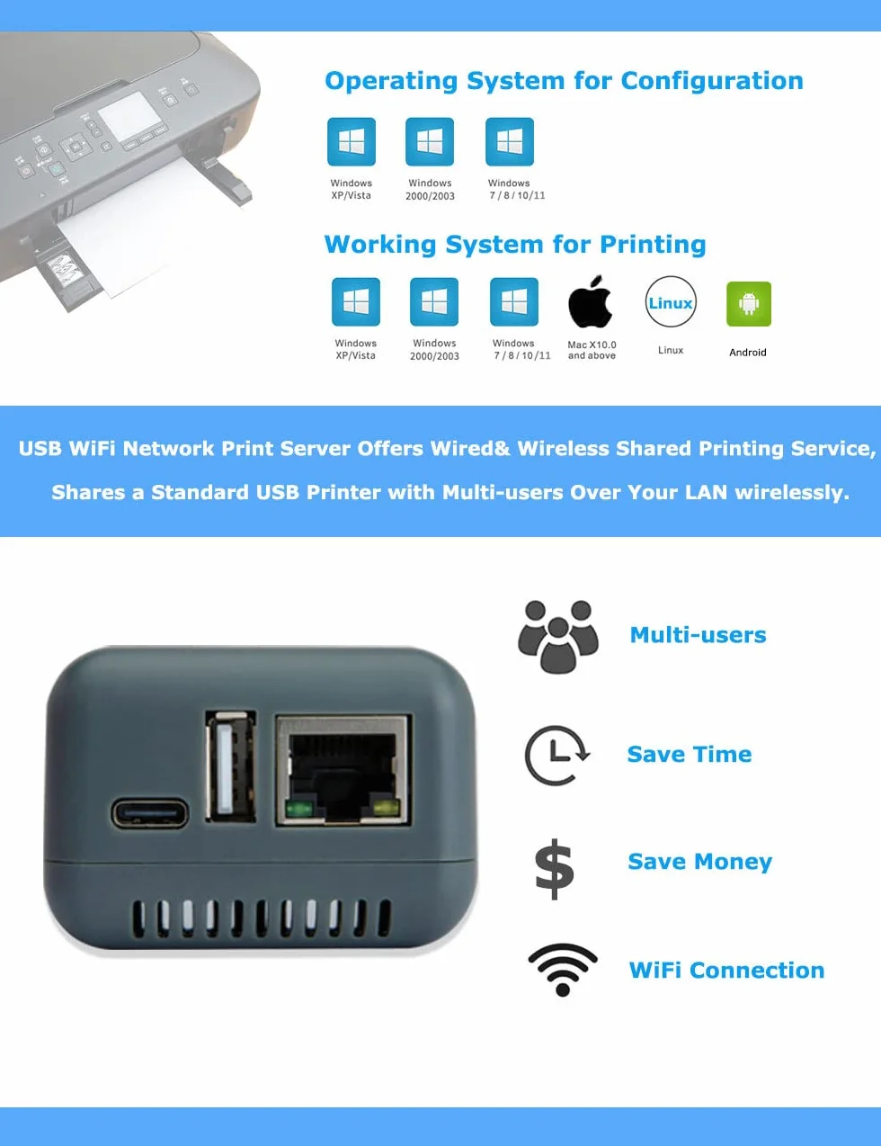Mini serveur d'impression réseau WIFI pour imprimante USB Gris