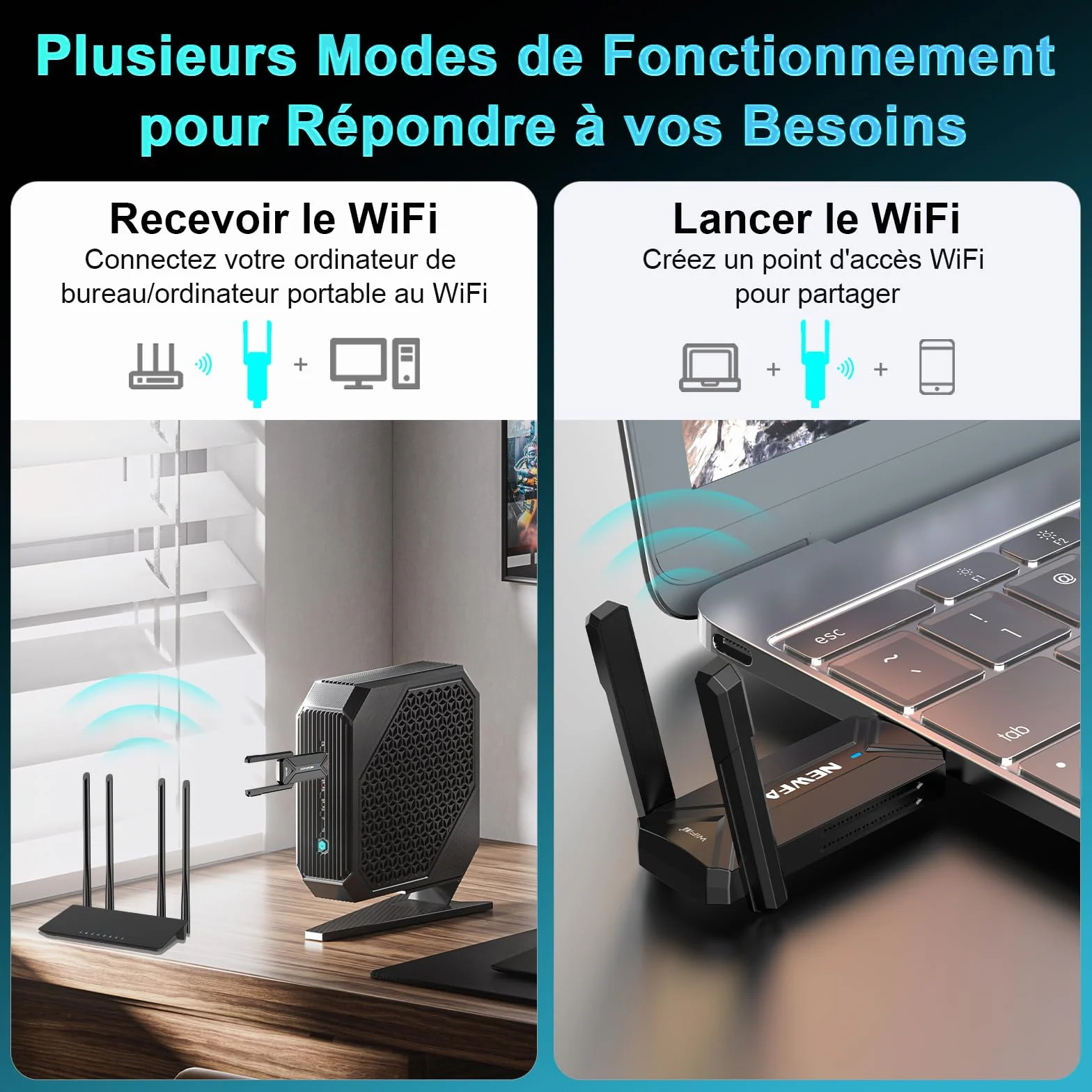 NEWFAST Clé WiFi 7 BE6500 U373 Tri-Bande USB 3.0 WPA3 Adaptateur WiFi pour PC
